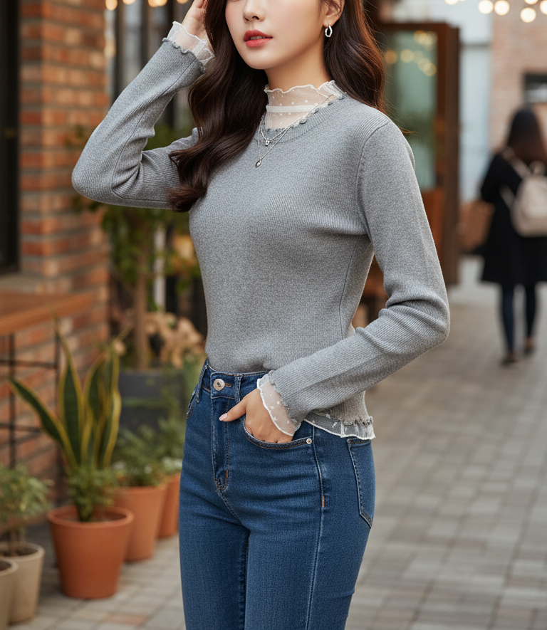 シースルーコンビスリムレイヤード風長袖ドットニット | 詳細画像5