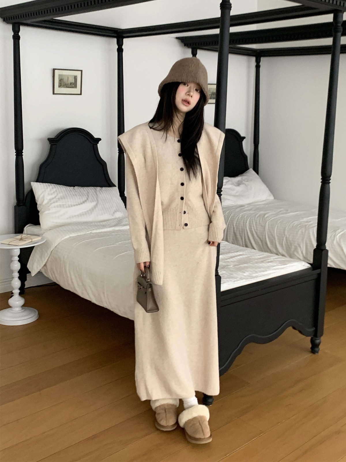 ニットボタンラウンドネックウエストゴムロング長袖セットアップスカートカーディガン3 SETショール付 | 詳細画像2