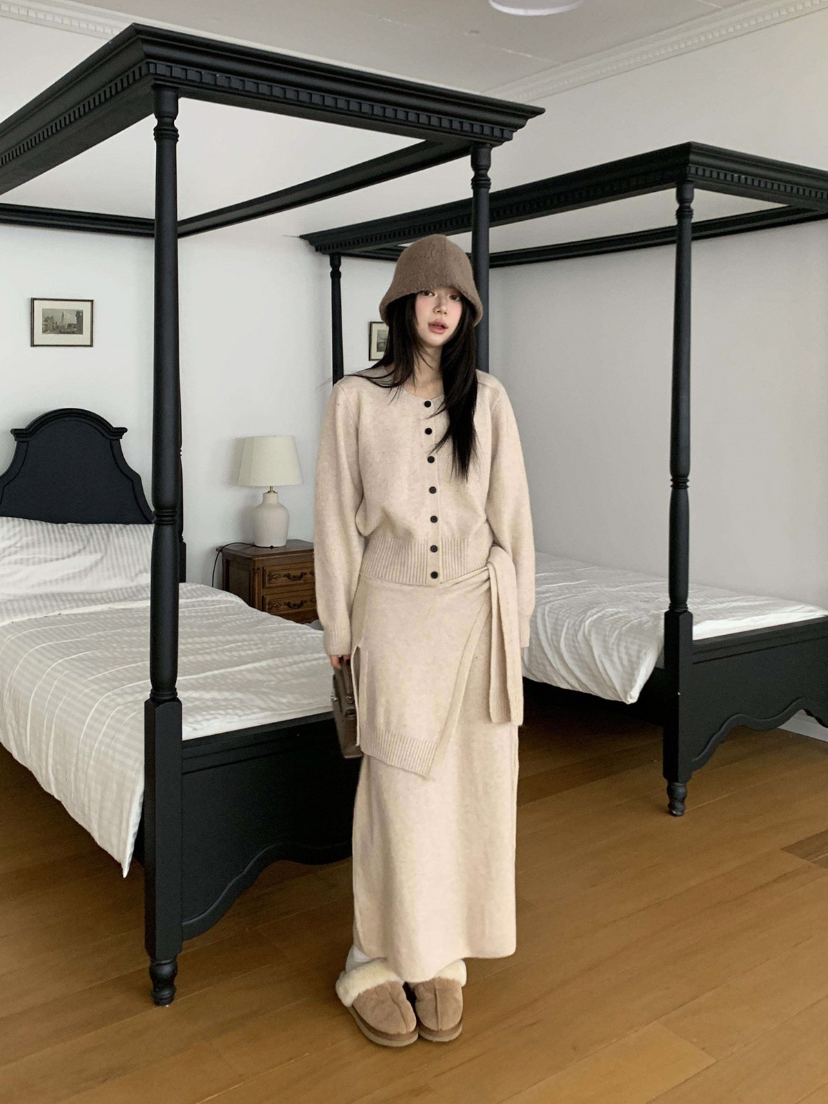 ニットボタンラウンドネックウエストゴムロング長袖セットアップスカートカーディガン3 SETショール付 | 詳細画像3