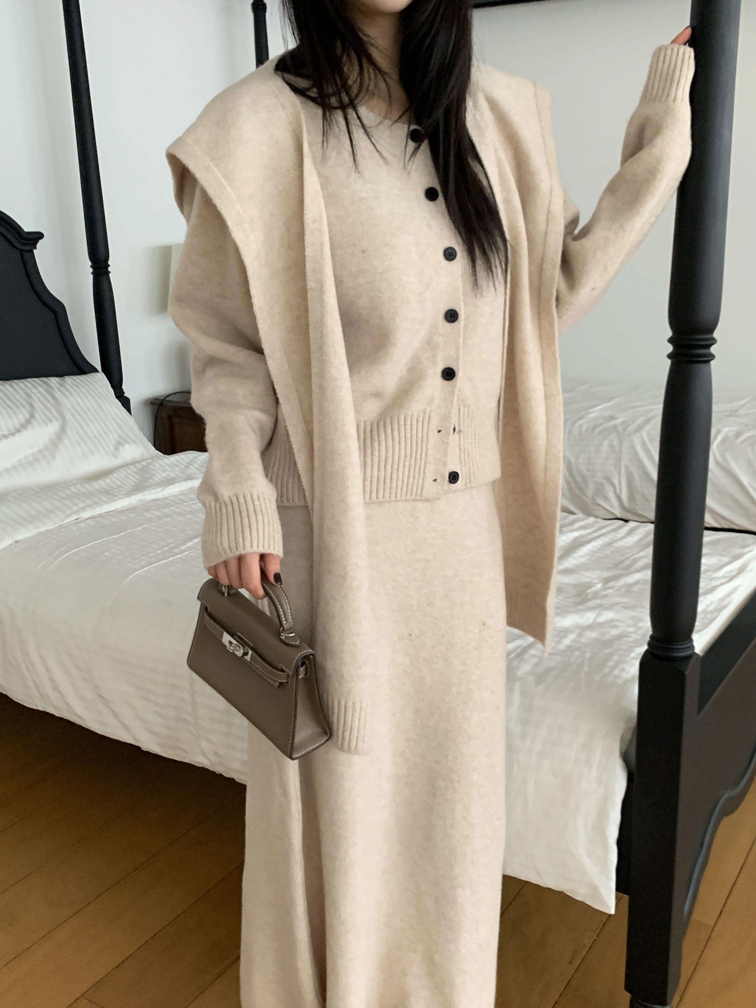 ニットボタンラウンドネックウエストゴムロング長袖セットアップスカートカーディガン3 SETショール付 | 詳細画像4