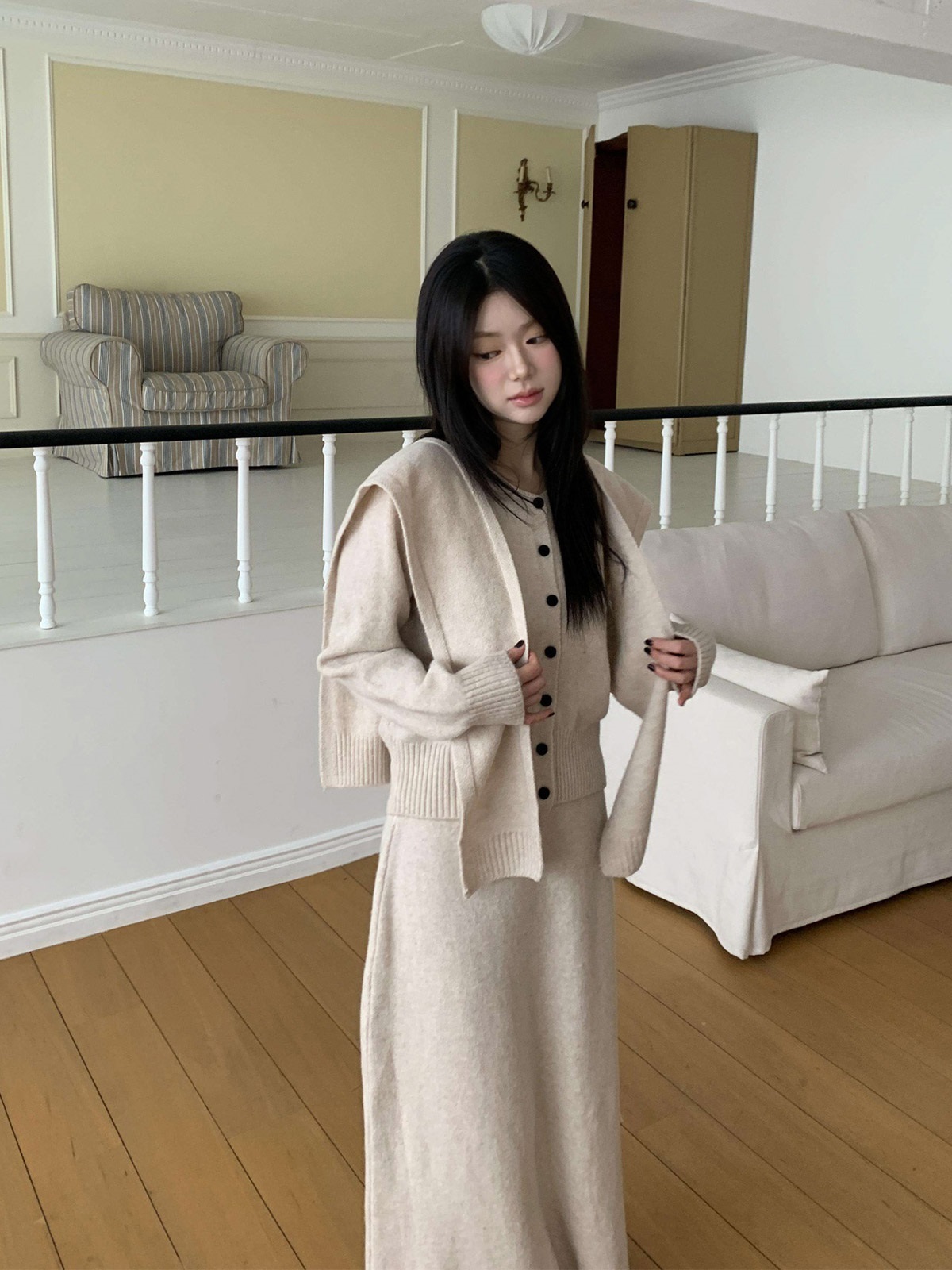 ニットボタンラウンドネックウエストゴムロング長袖セットアップスカートカーディガン3 SETショール付 | 詳細画像5