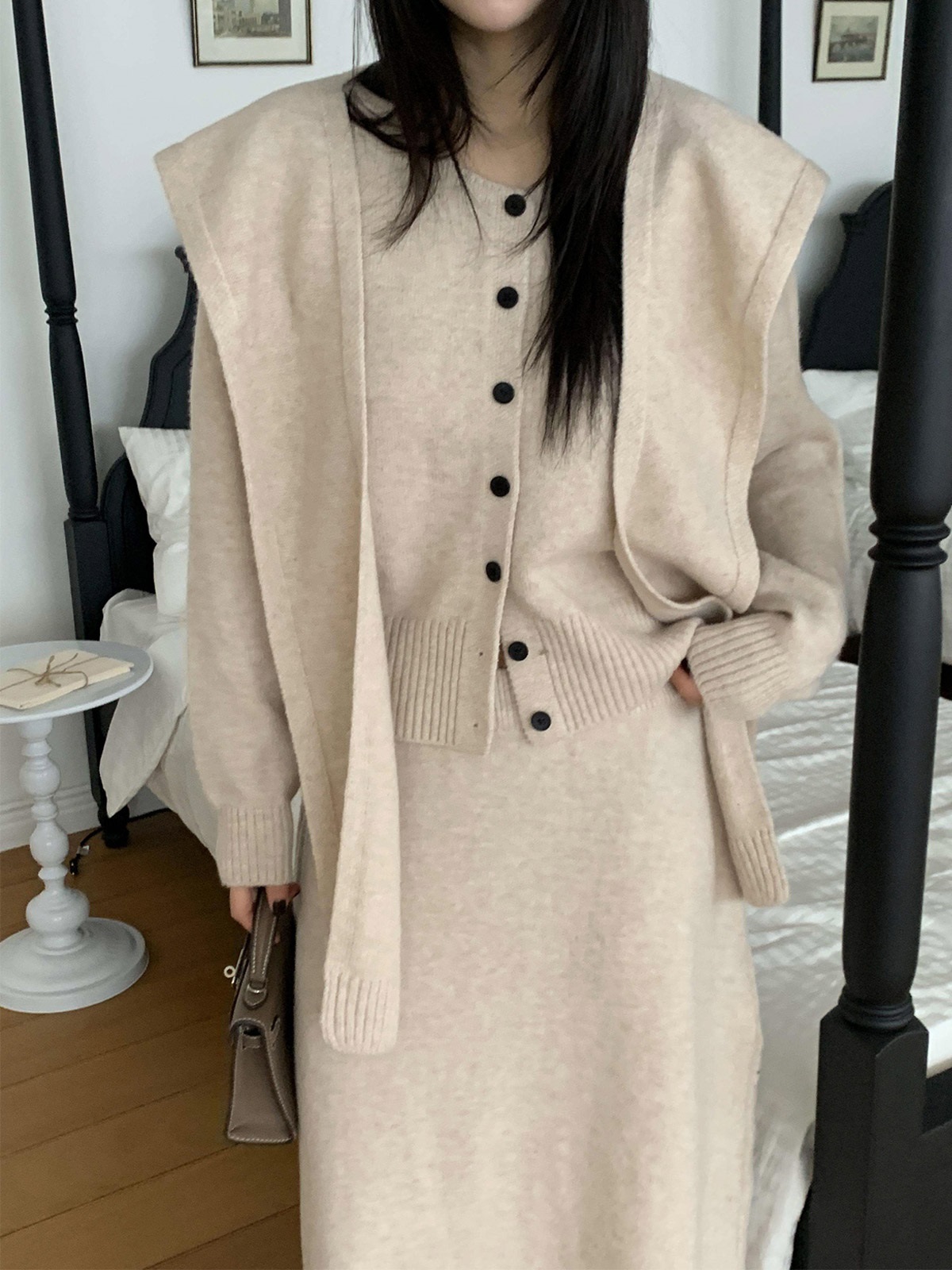 ニットボタンラウンドネックウエストゴムロング長袖セットアップスカートカーディガン3 SETショール付 | 詳細画像8