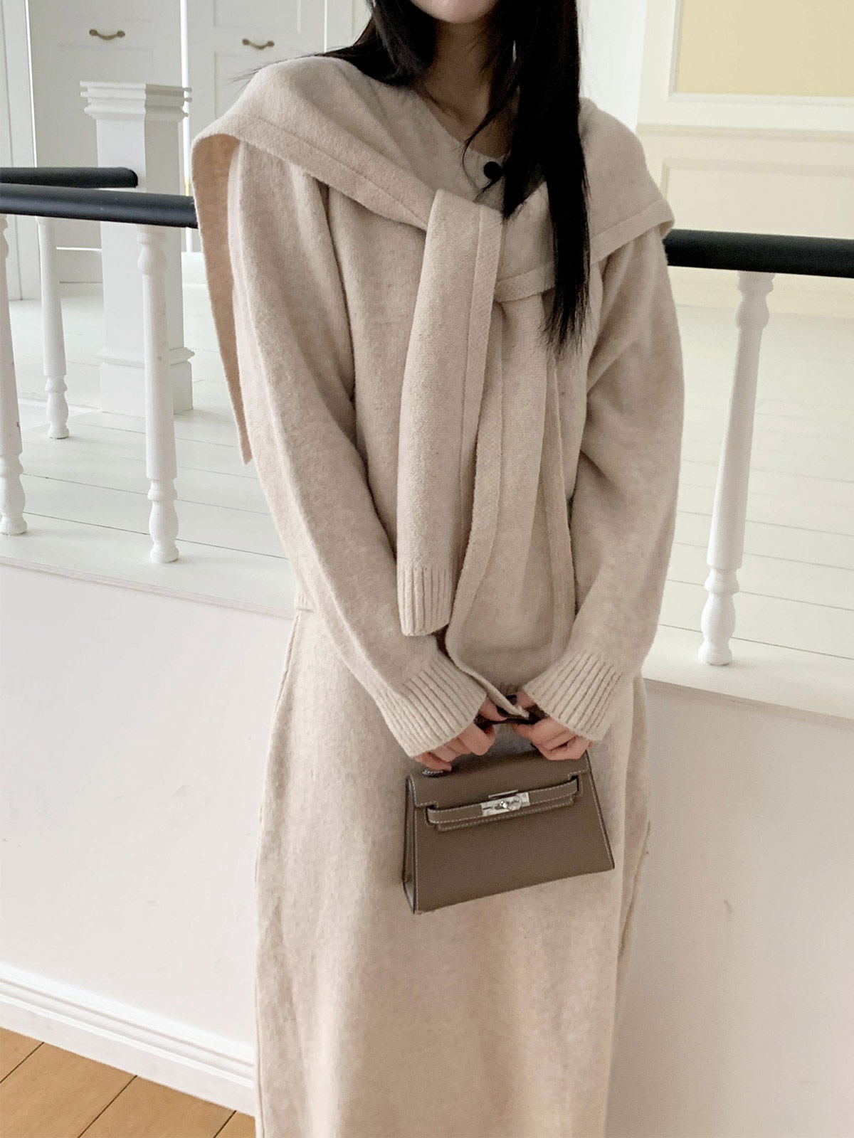 ニットボタンラウンドネックウエストゴムロング長袖セットアップスカートカーディガン3 SETショール付 | 詳細画像12