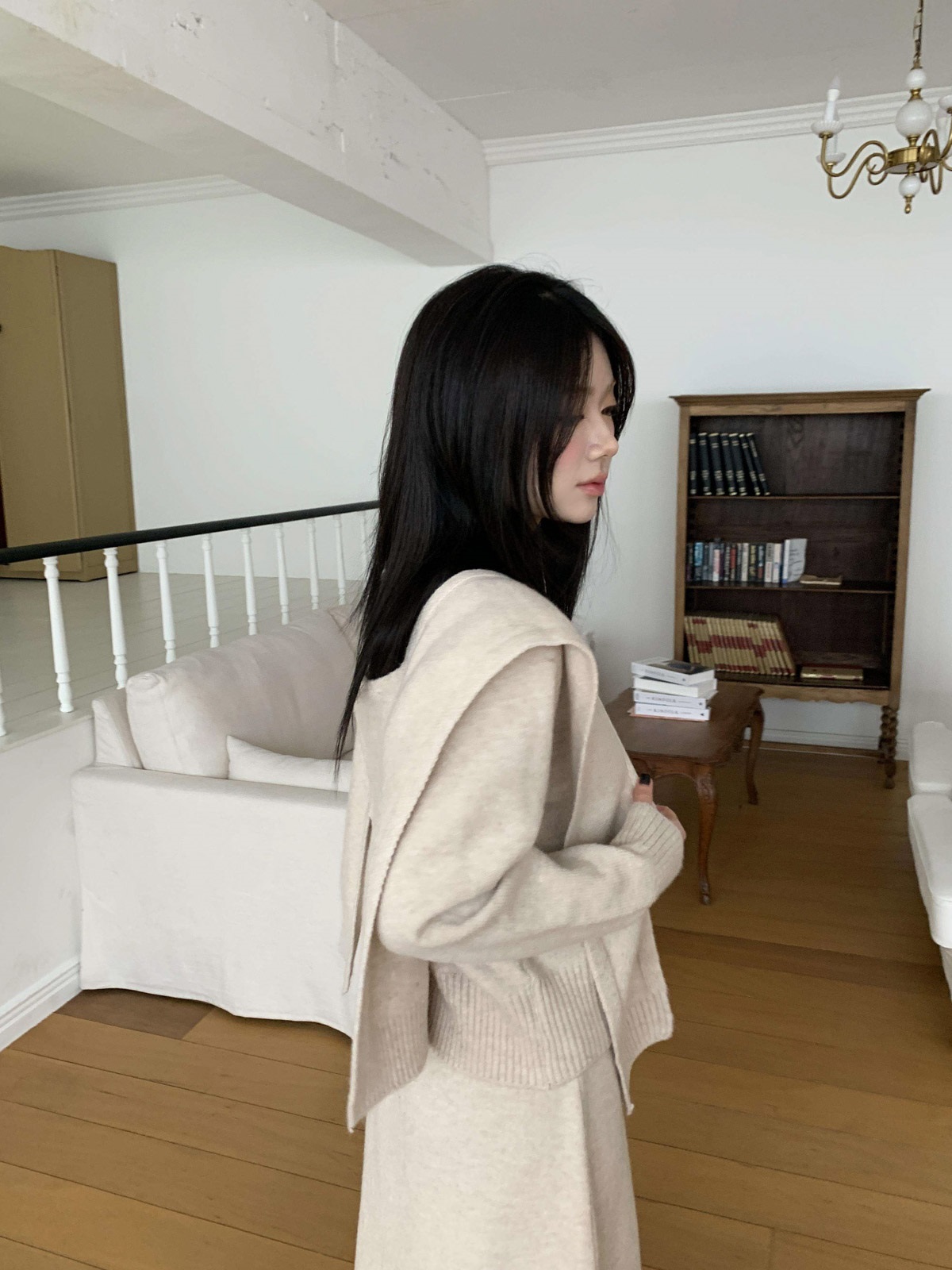 ニットボタンラウンドネックウエストゴムロング長袖セットアップスカートカーディガン3 SETショール付 | 詳細画像13