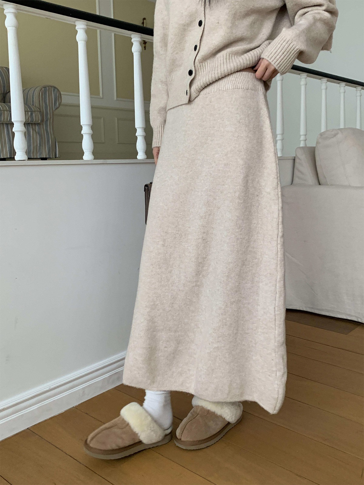 ニットボタンラウンドネックウエストゴムロング長袖セットアップスカートカーディガン3 SETショール付 | 詳細画像14