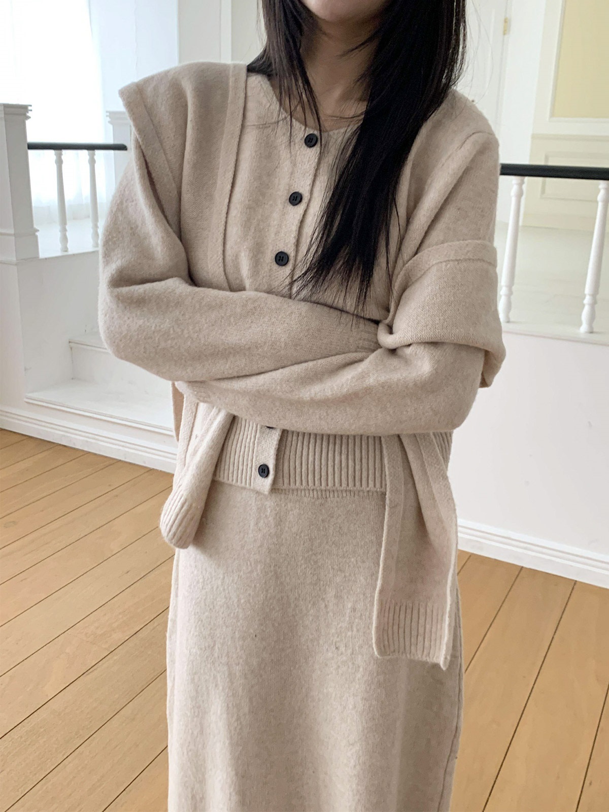 ニットボタンラウンドネックウエストゴムロング長袖セットアップスカートカーディガン3 SETショール付 | 詳細画像15