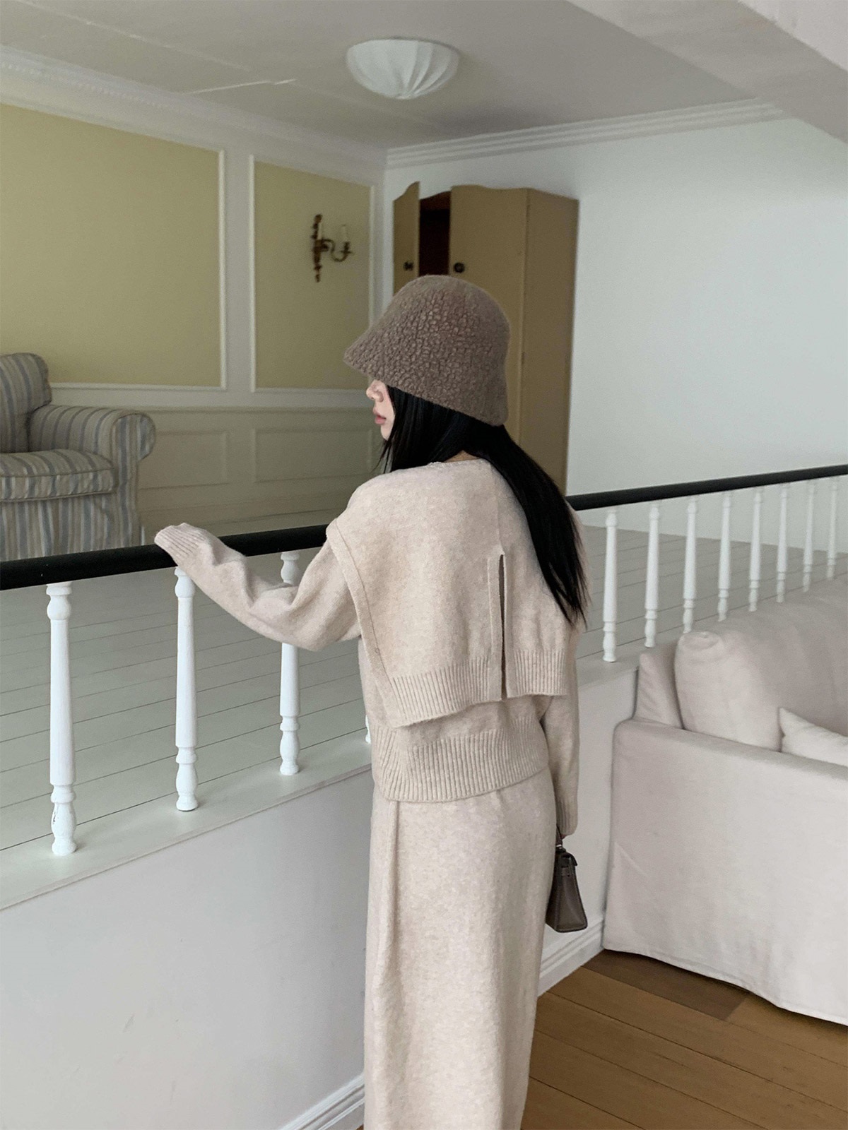 ニットボタンラウンドネックウエストゴムロング長袖セットアップスカートカーディガン3 SETショール付 | 詳細画像16