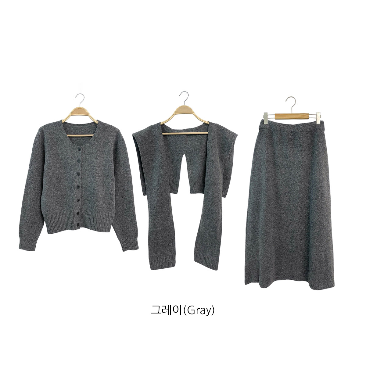 ニットボタンラウンドネックウエストゴムロング長袖セットアップスカートカーディガン3 SETショール付 | 詳細画像18