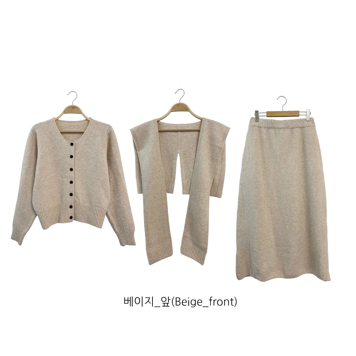 ニットボタンラウンドネックウエストゴムロング長袖セットアップスカートカーディガン3 SETショール付 | 詳細画像19