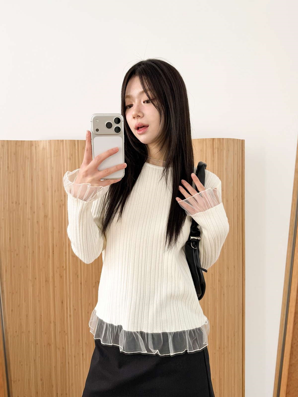 シフォンシースルーコンビスリムレイヤード風長袖ニット | 詳細画像9