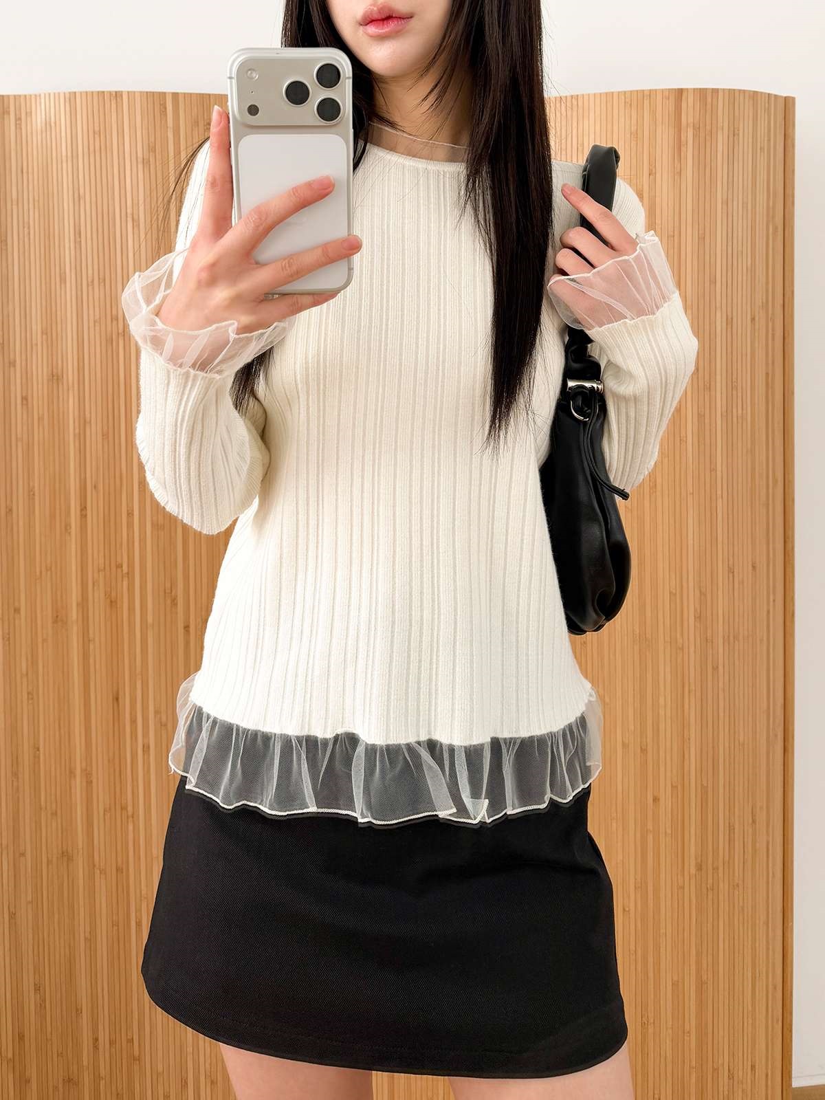 シフォンシースルーコンビスリムレイヤード風長袖ニット | 詳細画像10