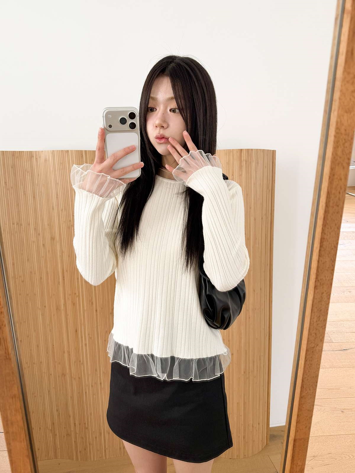 シフォンシースルーコンビスリムレイヤード風長袖ニット | 詳細画像11