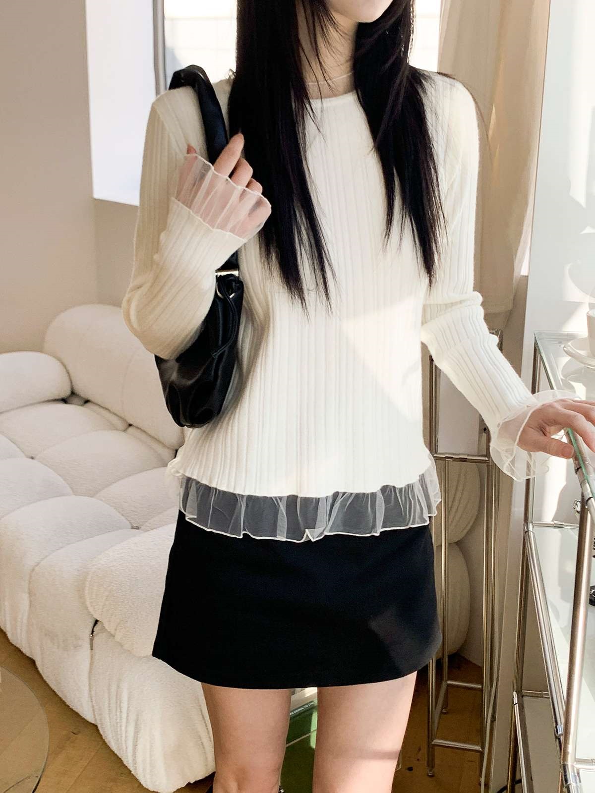 シフォンシースルーコンビスリムレイヤード風長袖ニット | 詳細画像12