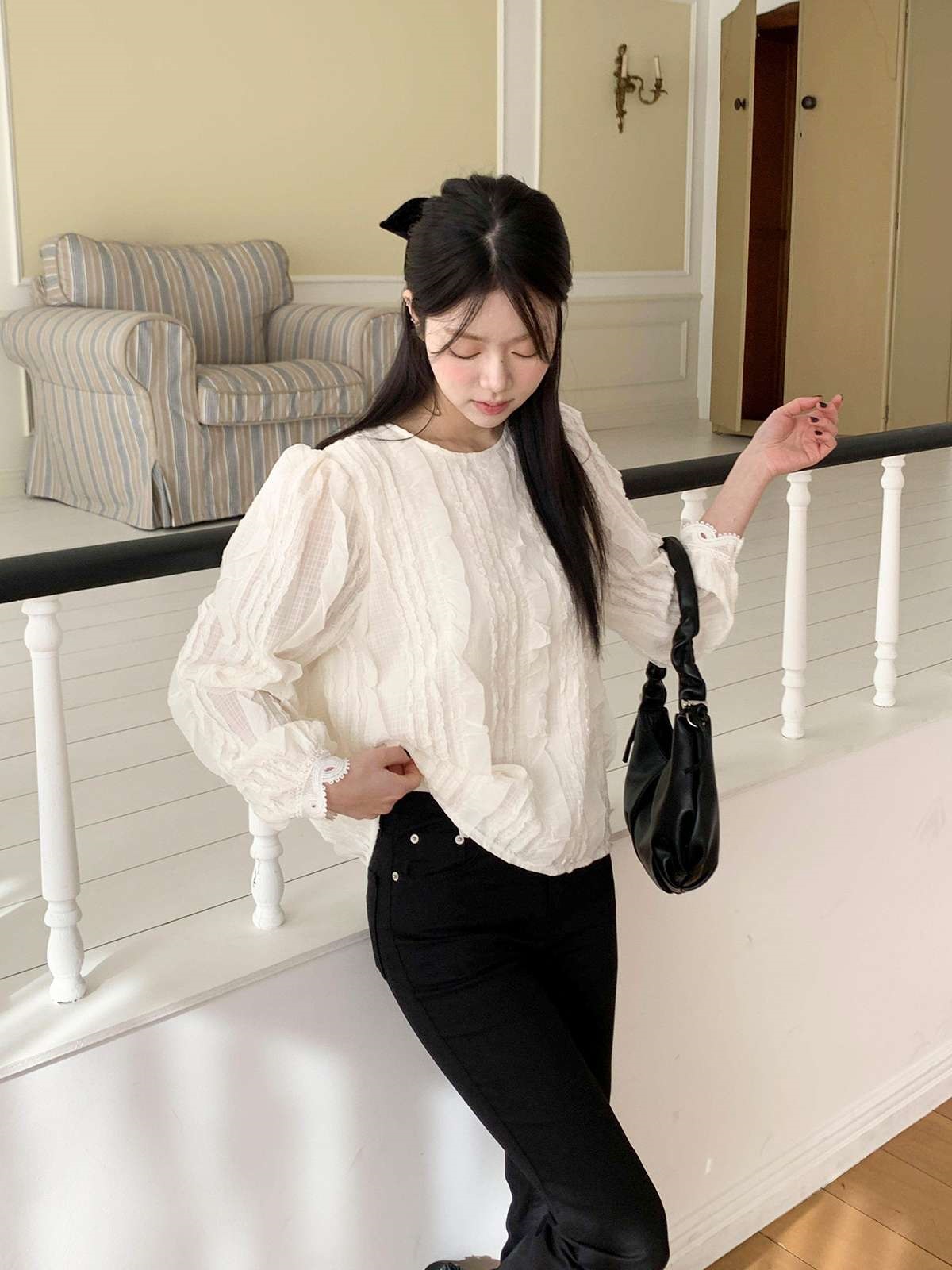 ラウンドネックフリルベーシック長袖ブラウス | 詳細画像4