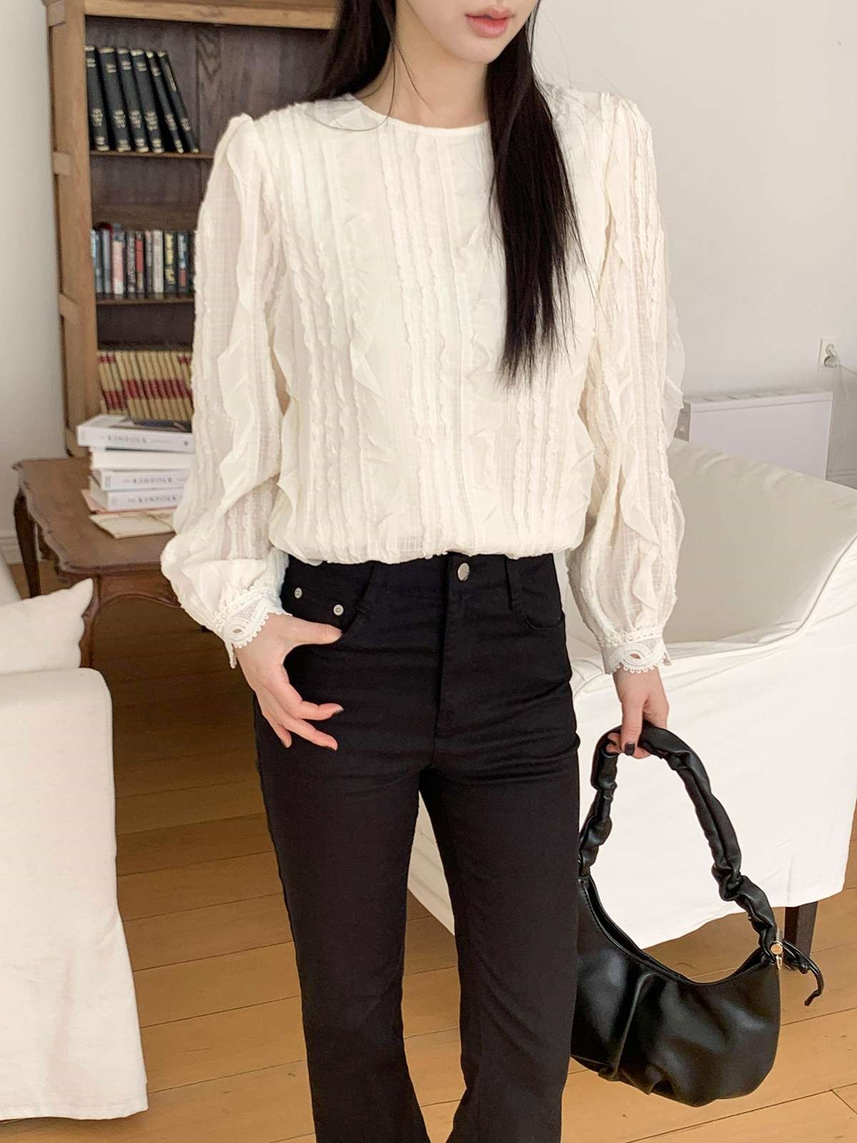 ラウンドネックフリルベーシック長袖ブラウス | 詳細画像6