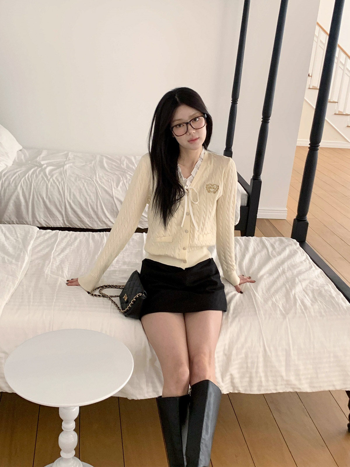 ニットコンビボタンVネックレイヤード風長袖刺繍カーディガン | 詳細画像8