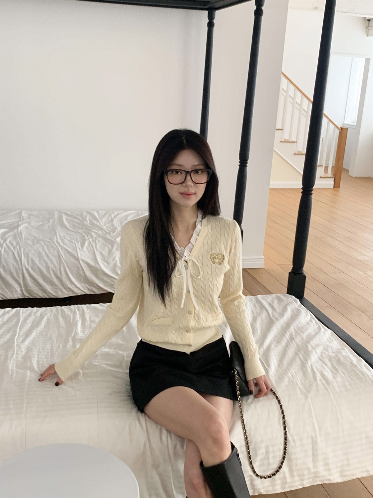 ニットコンビボタンVネックレイヤード風長袖刺繍カーディガン | 詳細画像9