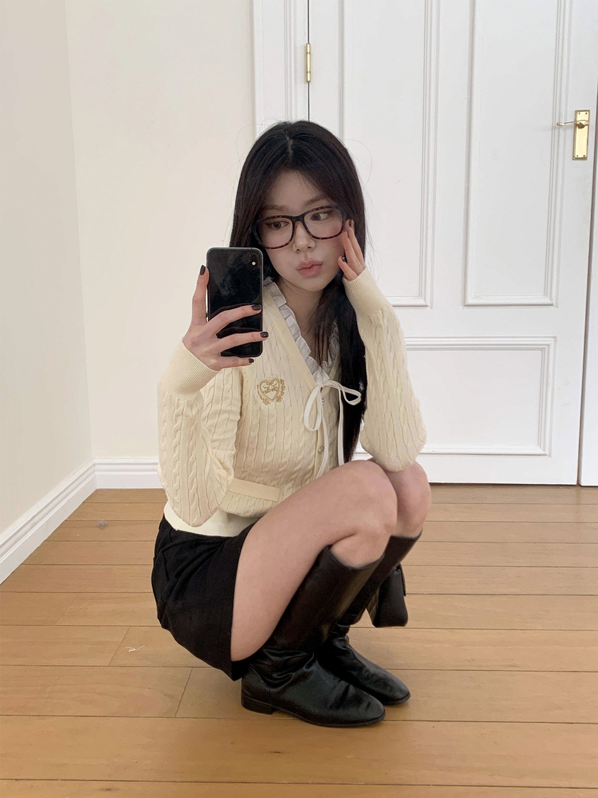 ニットコンビボタンVネックレイヤード風長袖刺繍カーディガン | 詳細画像12