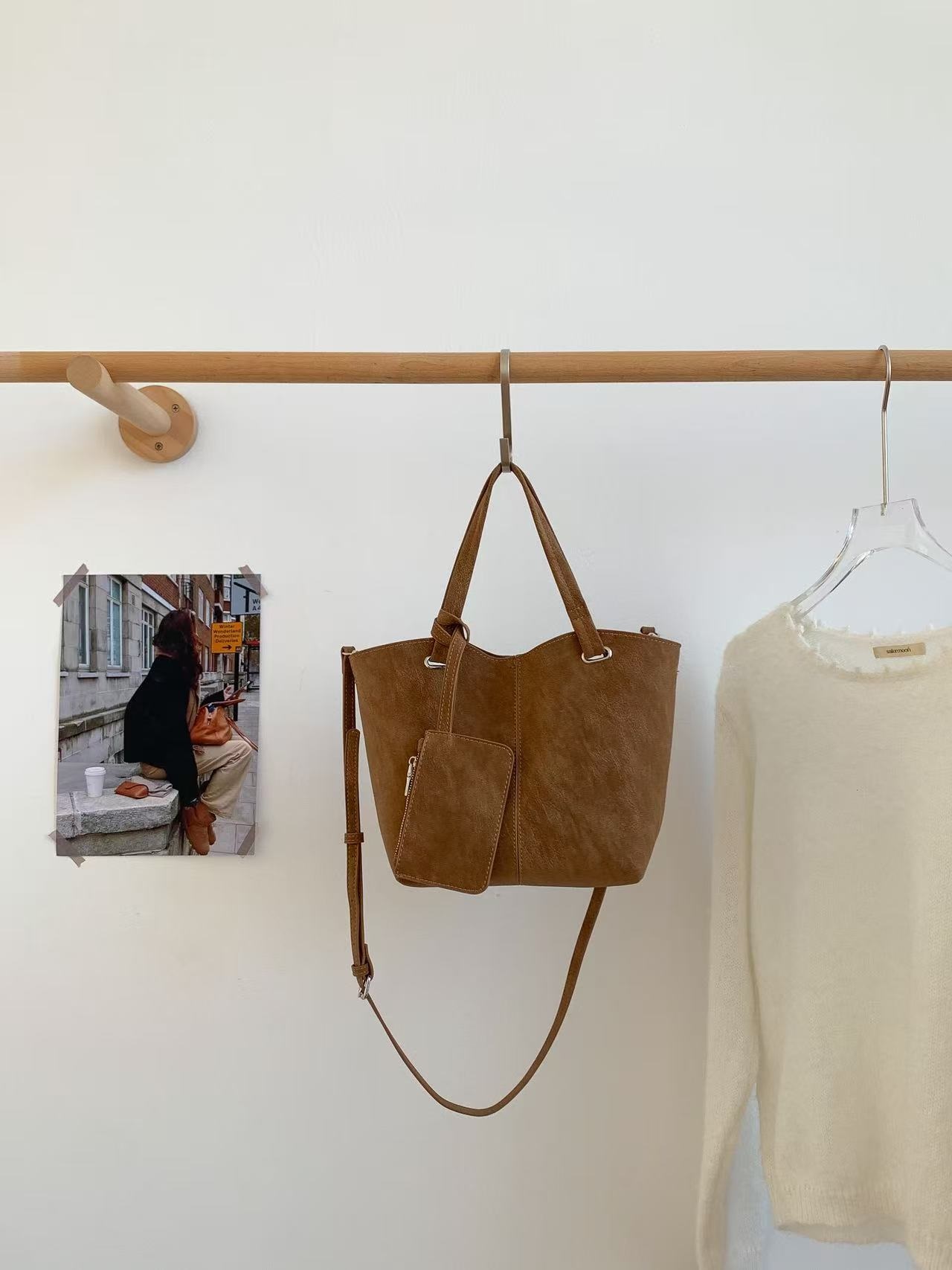 レザー調スエード調Dリングハンドバッグストラップ付ポーチ付 | 詳細画像14