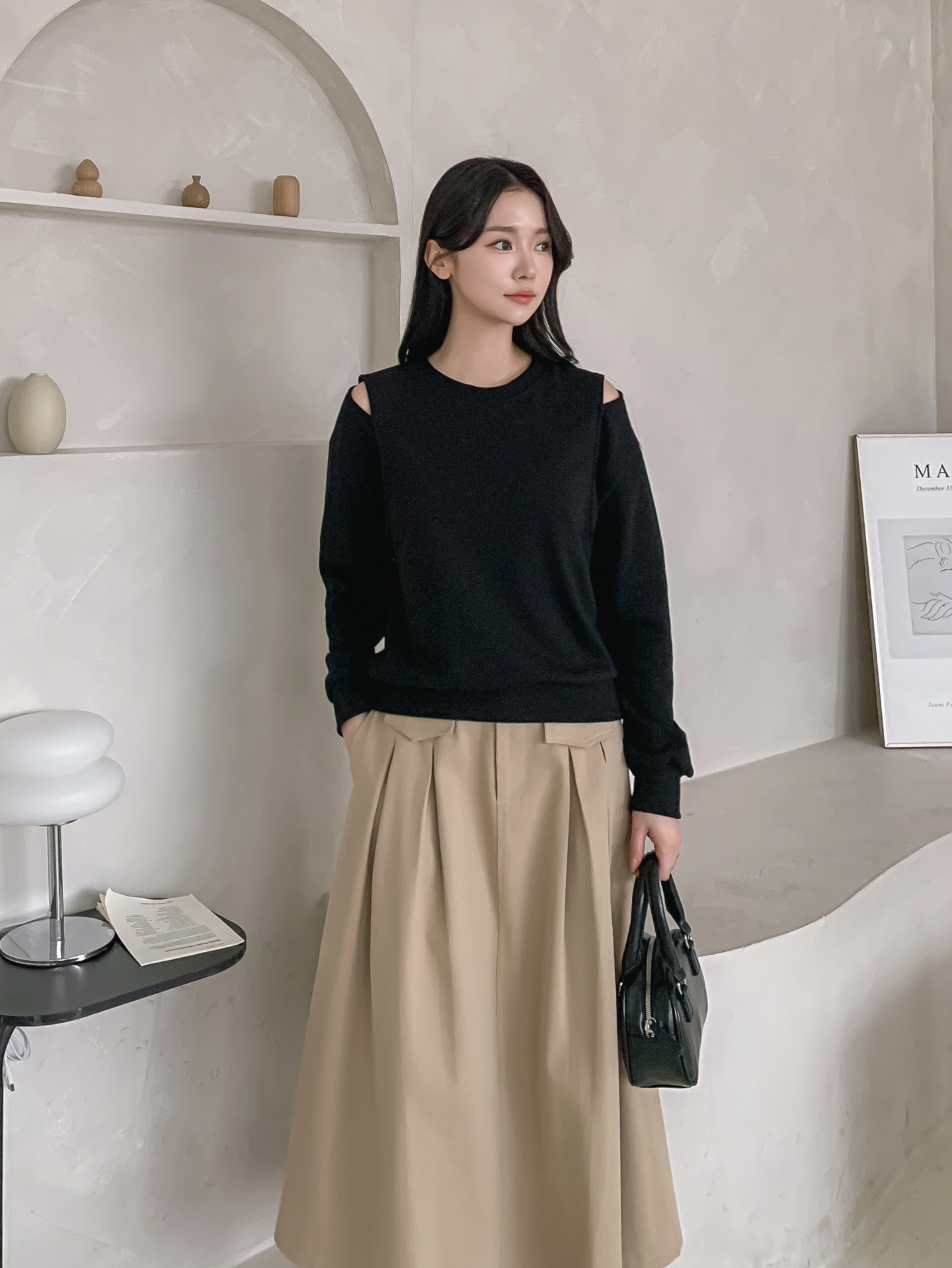 ラウンドネックオーバーサイズルーズオープンショルダー長袖無地スウェット | 詳細画像2