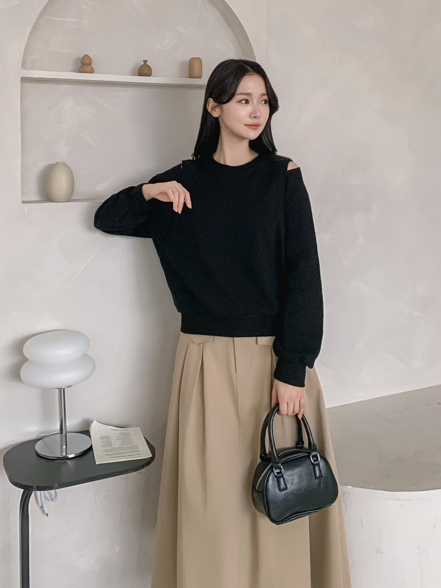 ラウンドネックオーバーサイズルーズオープンショルダー長袖無地スウェット | 詳細画像6