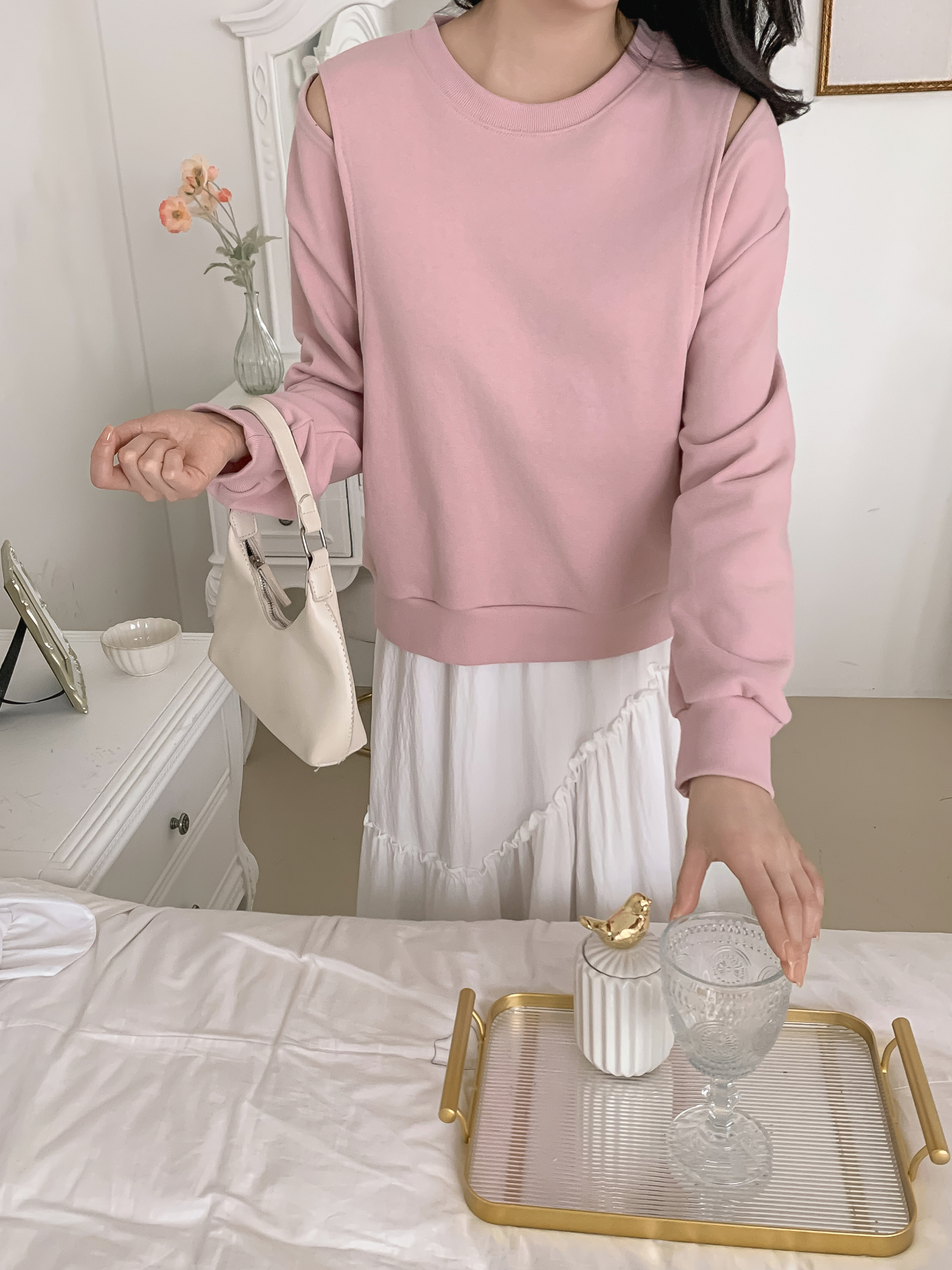 ラウンドネックオーバーサイズルーズオープンショルダー長袖無地スウェット | 詳細画像17