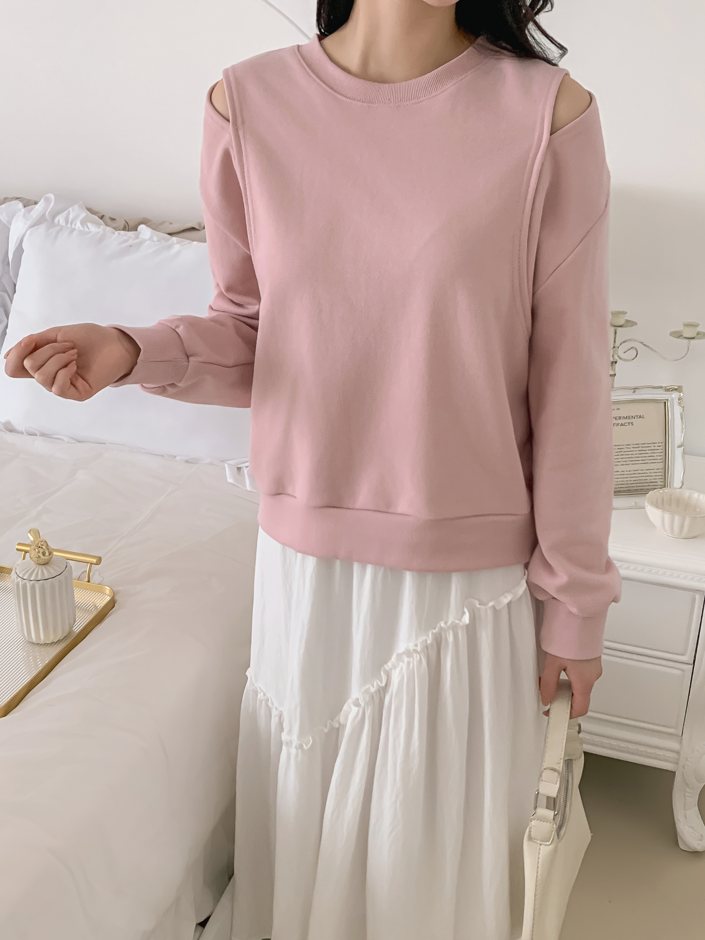 ラウンドネックオーバーサイズルーズオープンショルダー長袖無地スウェット | 詳細画像19