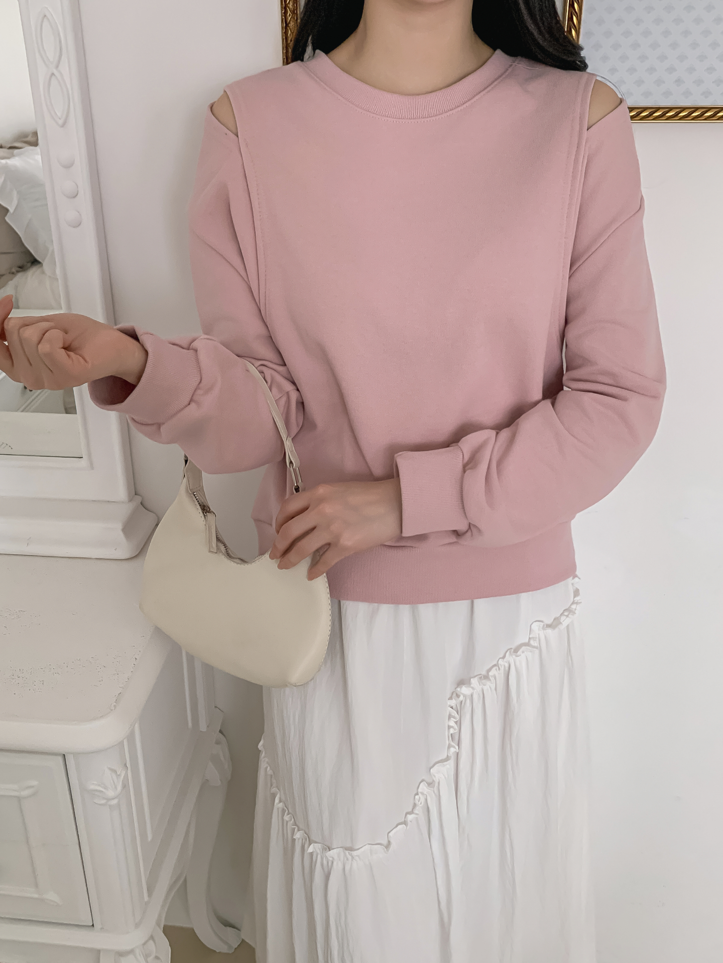 ラウンドネックオーバーサイズルーズオープンショルダー長袖無地スウェット | 詳細画像23