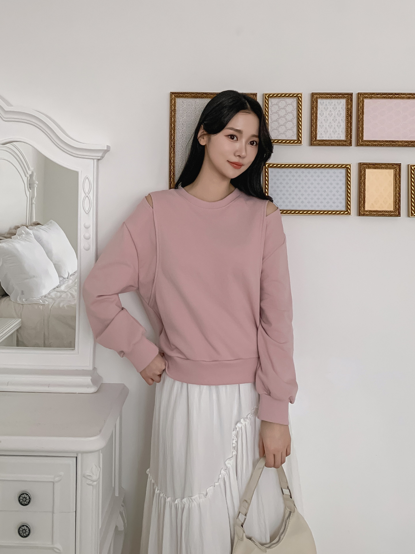 ラウンドネックオーバーサイズルーズオープンショルダー長袖無地スウェット | 詳細画像24