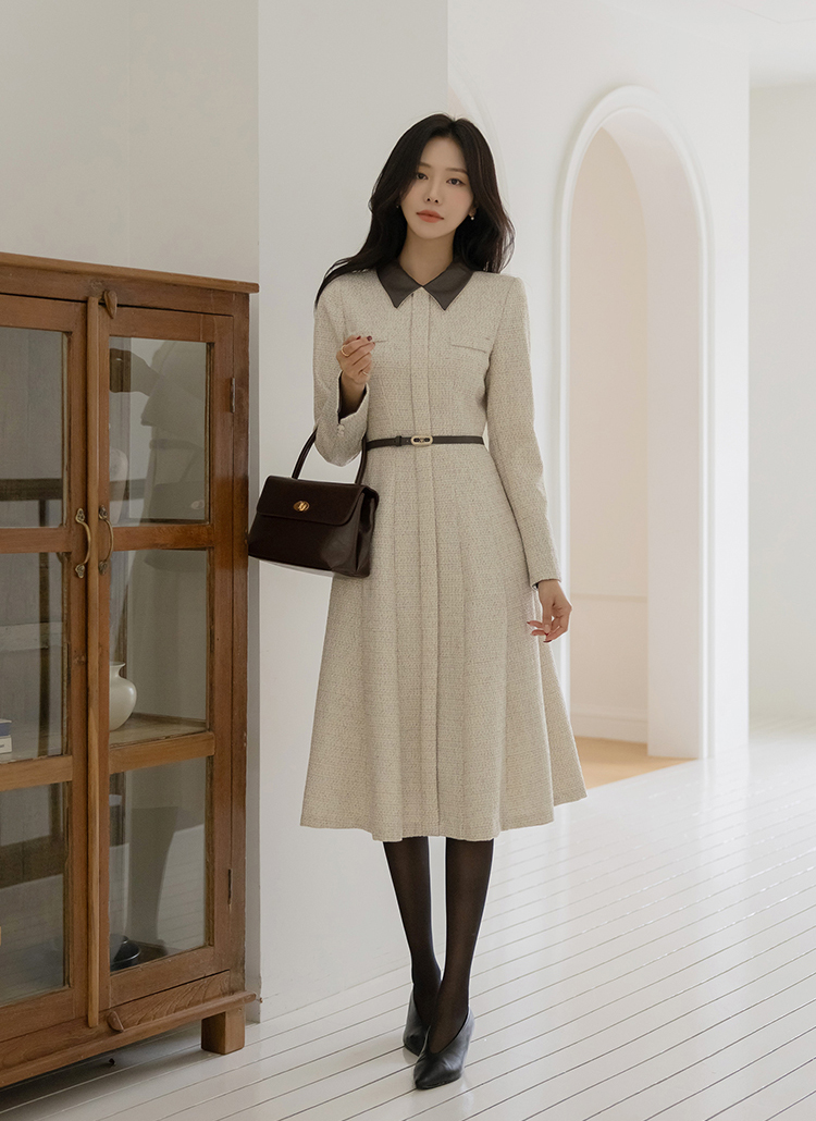 ツイードカラー肩パッドロングAラインワンピースベルト付 | レディース