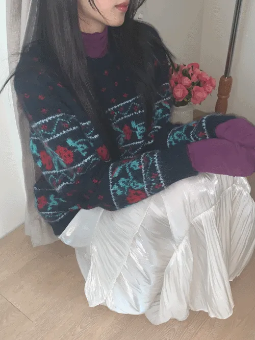 ウール混ラウンドネック長袖ルーズビンテージ花柄ニット | banincci | 詳細画像1