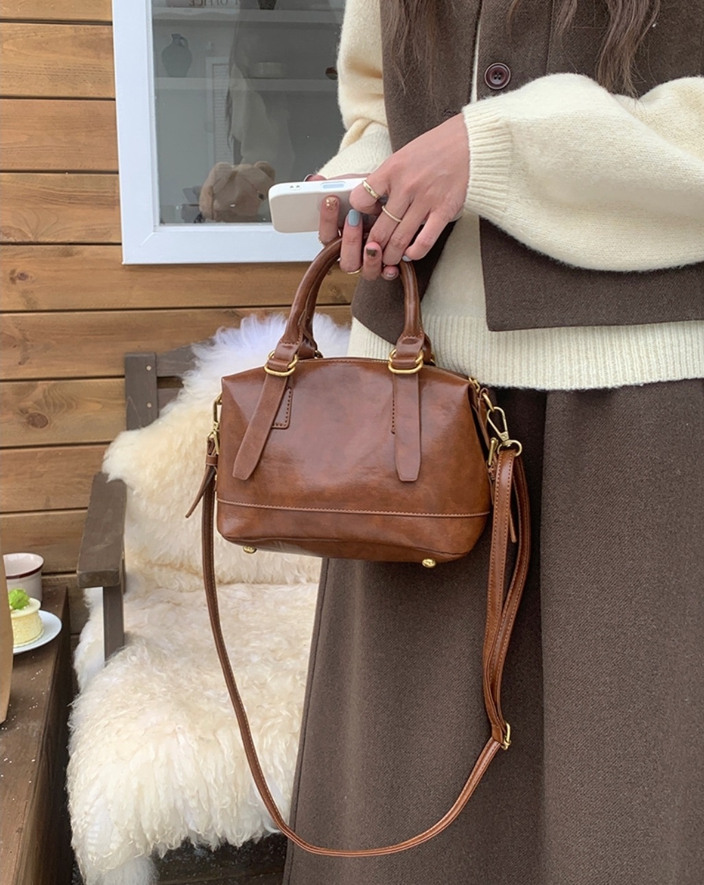 レザー調ジップアップDリングハンドバッグストラップセット(バックルあり) | 詳細画像2