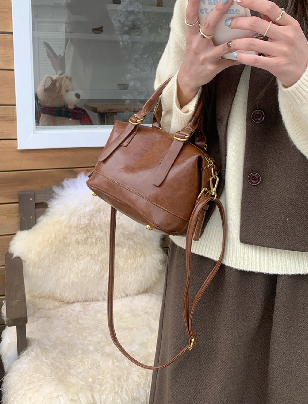 レザー調ジップアップDリングハンドバッグストラップセット(バックルあり) | 詳細画像3