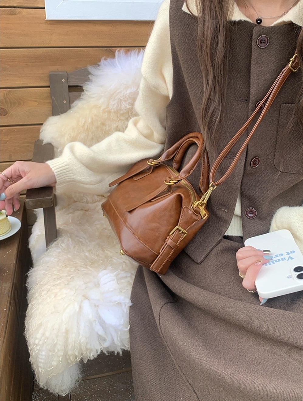 レザー調ジップアップDリングハンドバッグストラップセット(バックルあり) | 詳細画像4