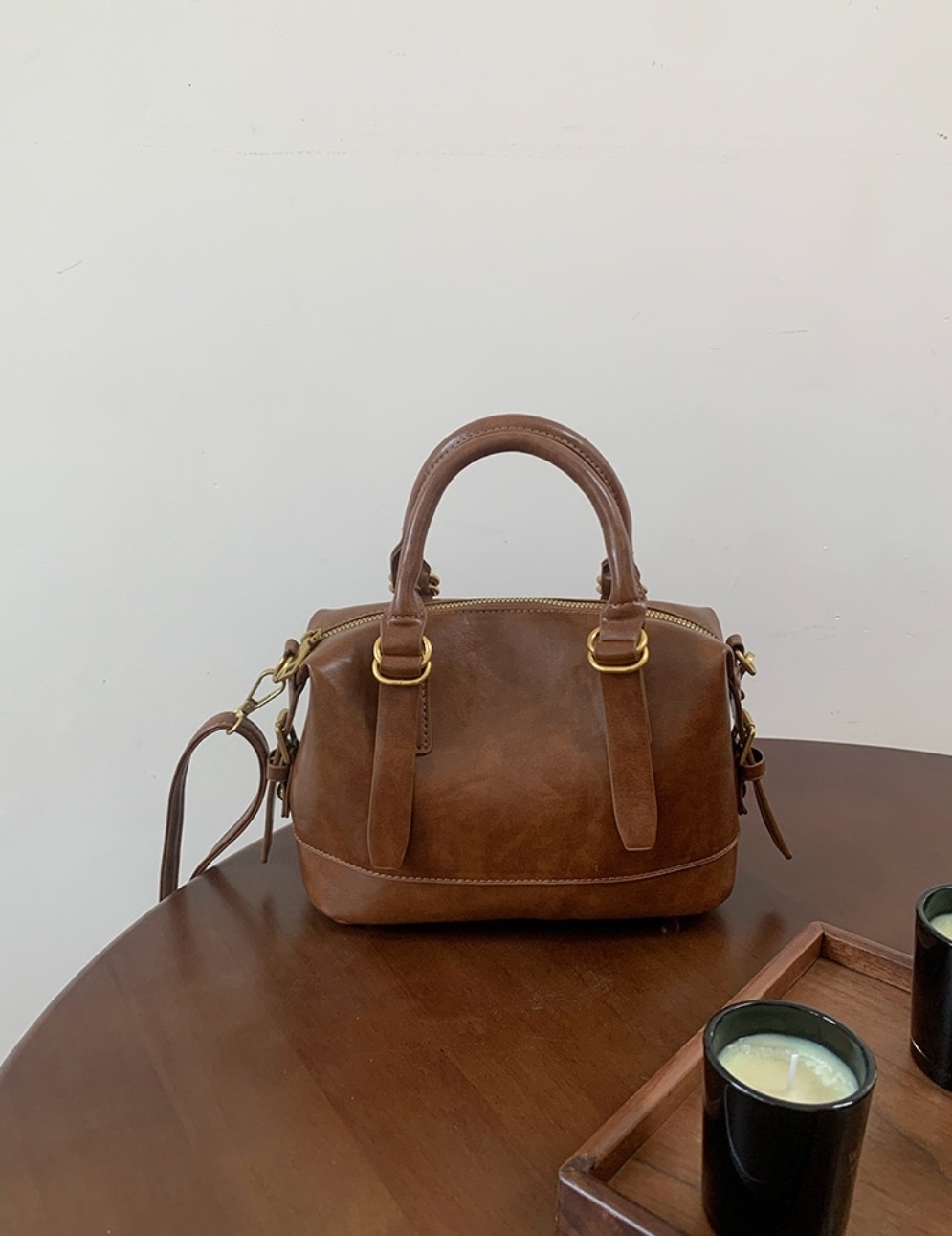 レザー調ジップアップDリングハンドバッグストラップセット(バックルあり) | 詳細画像8