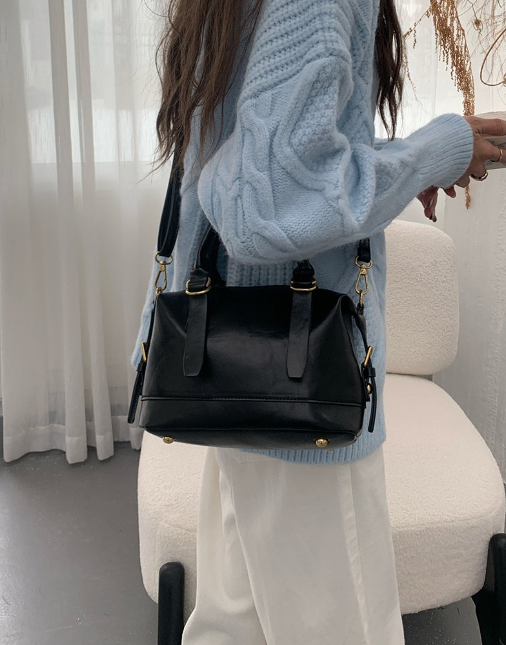 レザー調ジップアップDリングハンドバッグストラップセット(バックルあり) | 詳細画像7