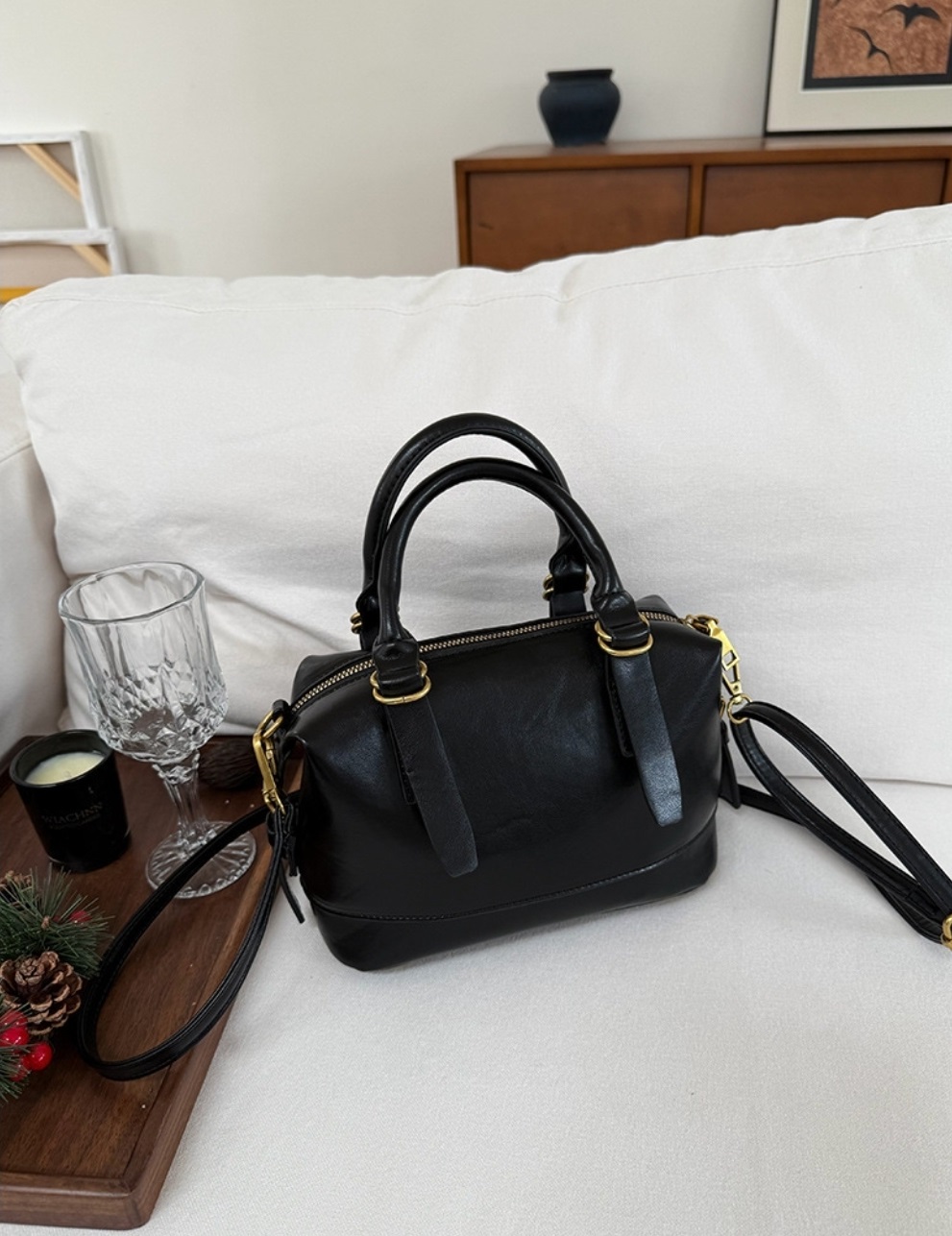 レザー調ジップアップDリングハンドバッグストラップセット(バックルあり) | 詳細画像10