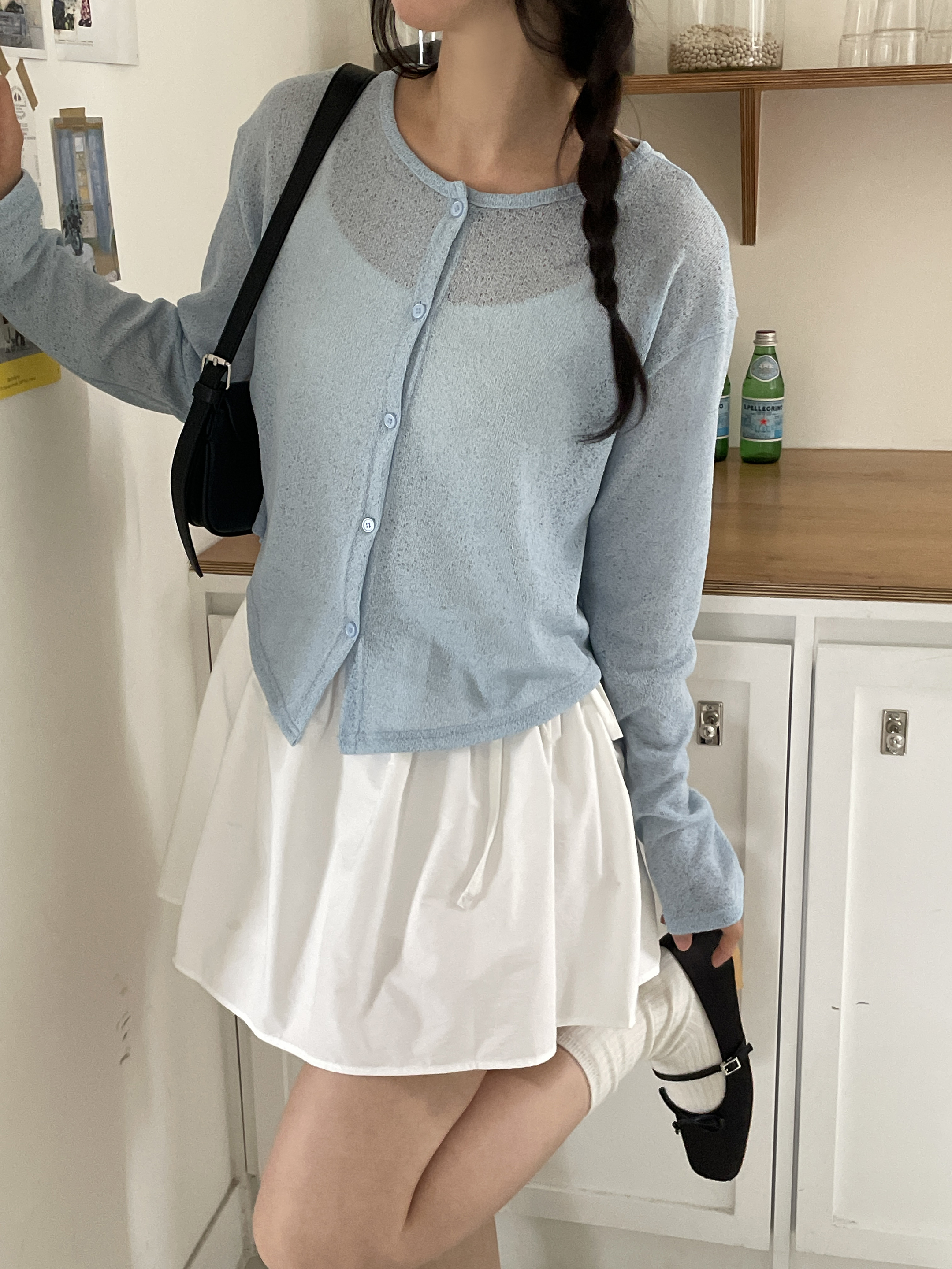 シースルーボタンラウンドネックショートルーズ長袖無地カーディガン | 詳細画像2