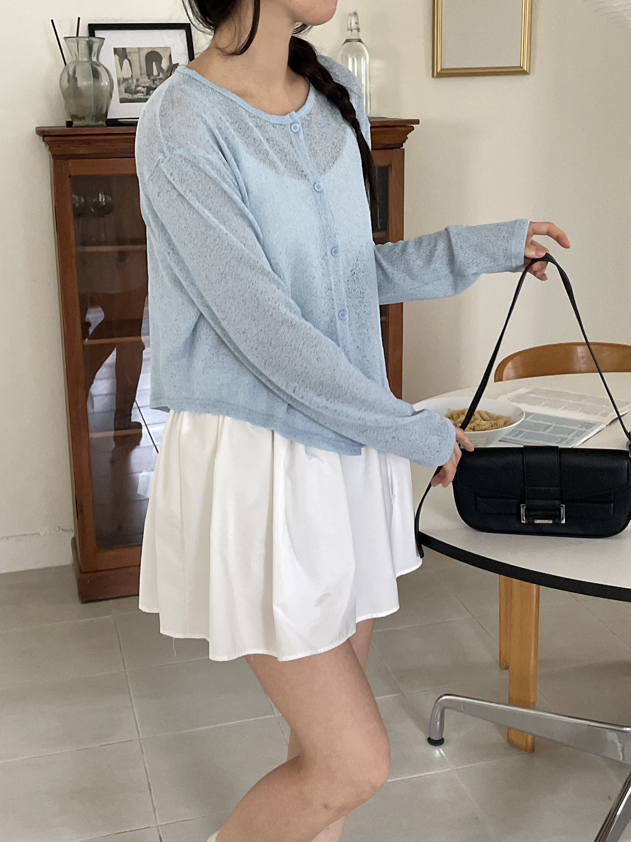 シースルーボタンラウンドネックショートルーズ長袖無地カーディガン | 詳細画像3