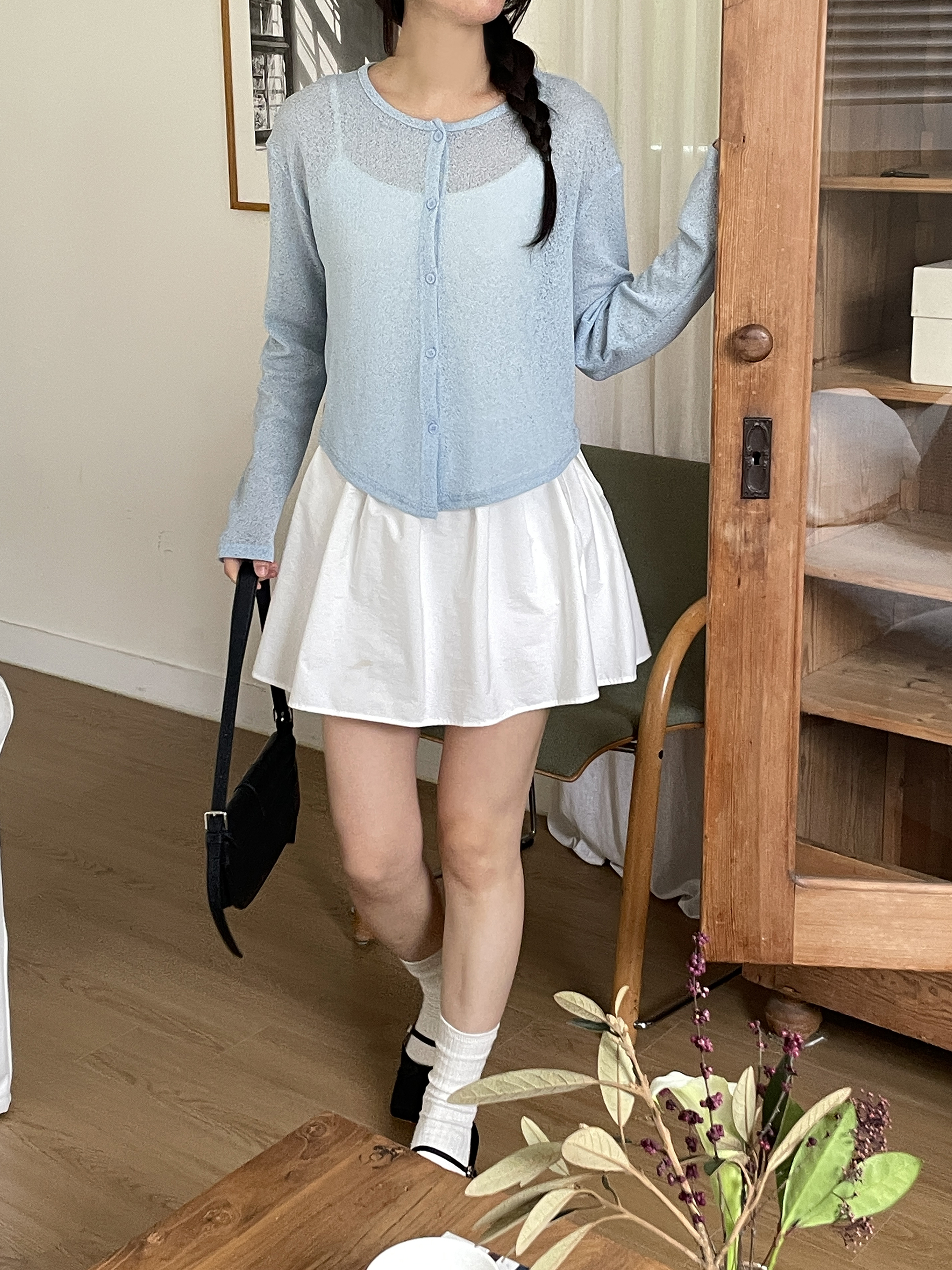 シースルーボタンラウンドネックショートルーズ長袖無地カーディガン | 詳細画像18