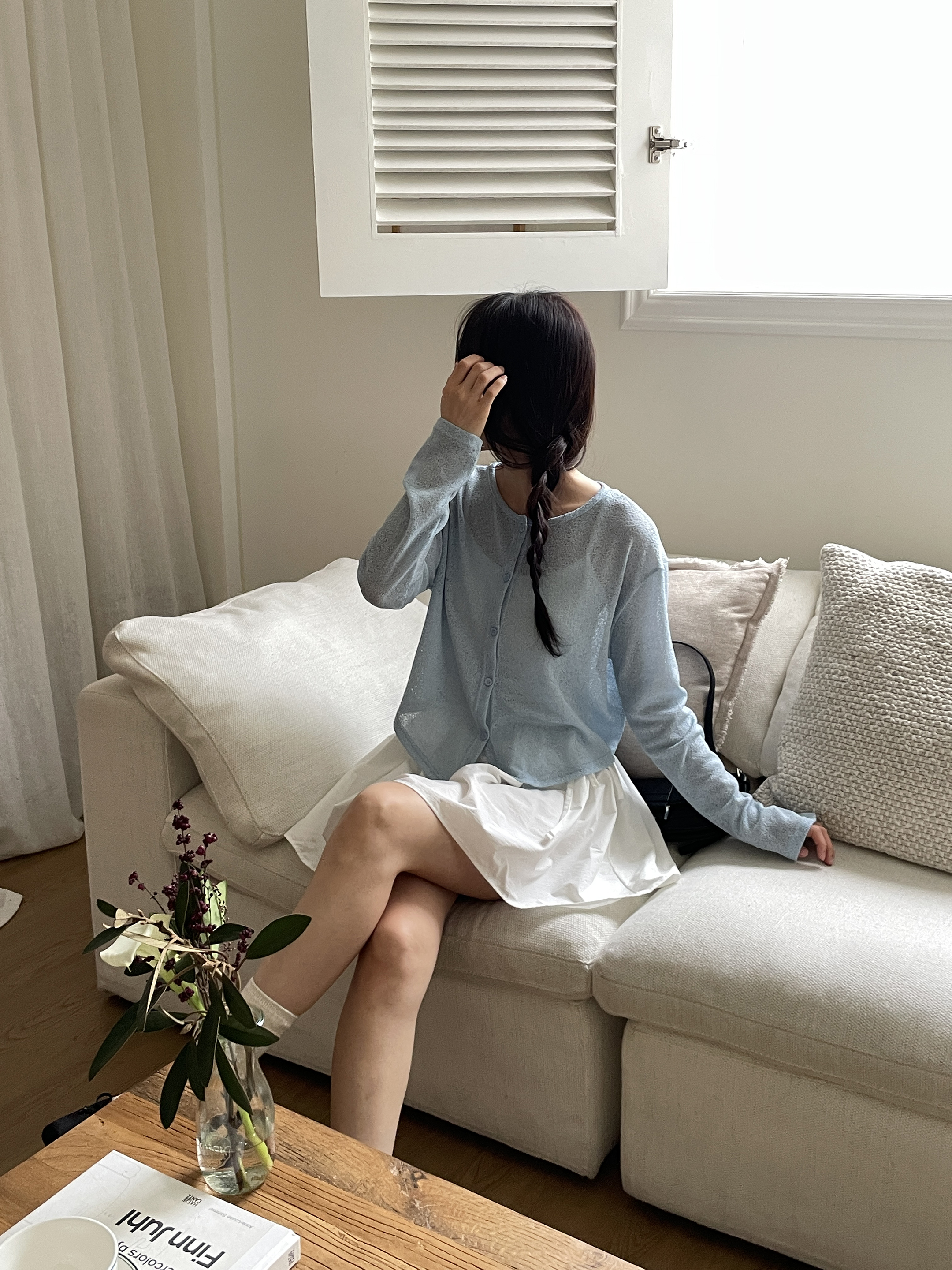 シースルーボタンラウンドネックショートルーズ長袖無地カーディガン | 詳細画像15