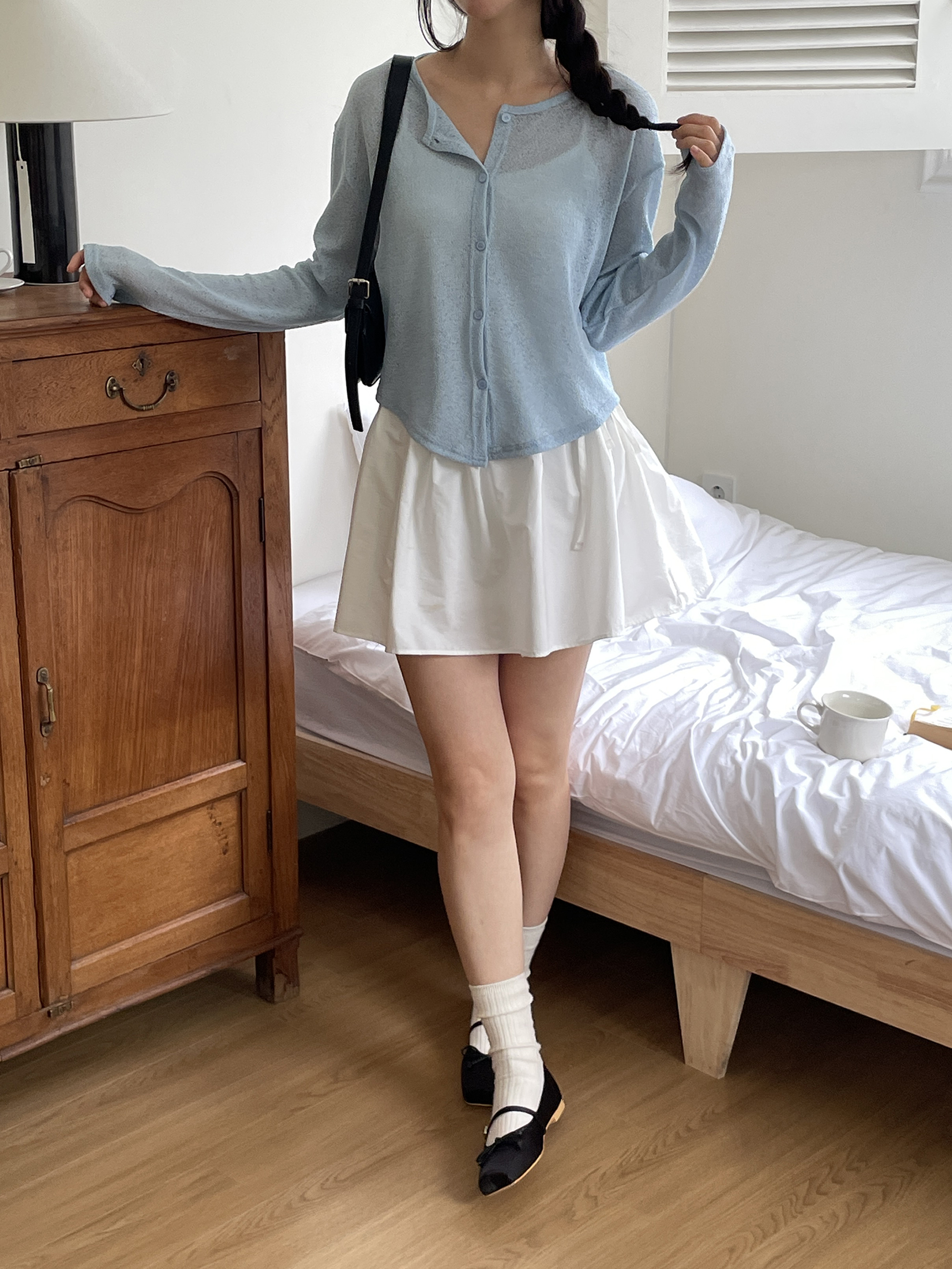 シースルーボタンラウンドネックショートルーズ長袖無地カーディガン | 詳細画像5