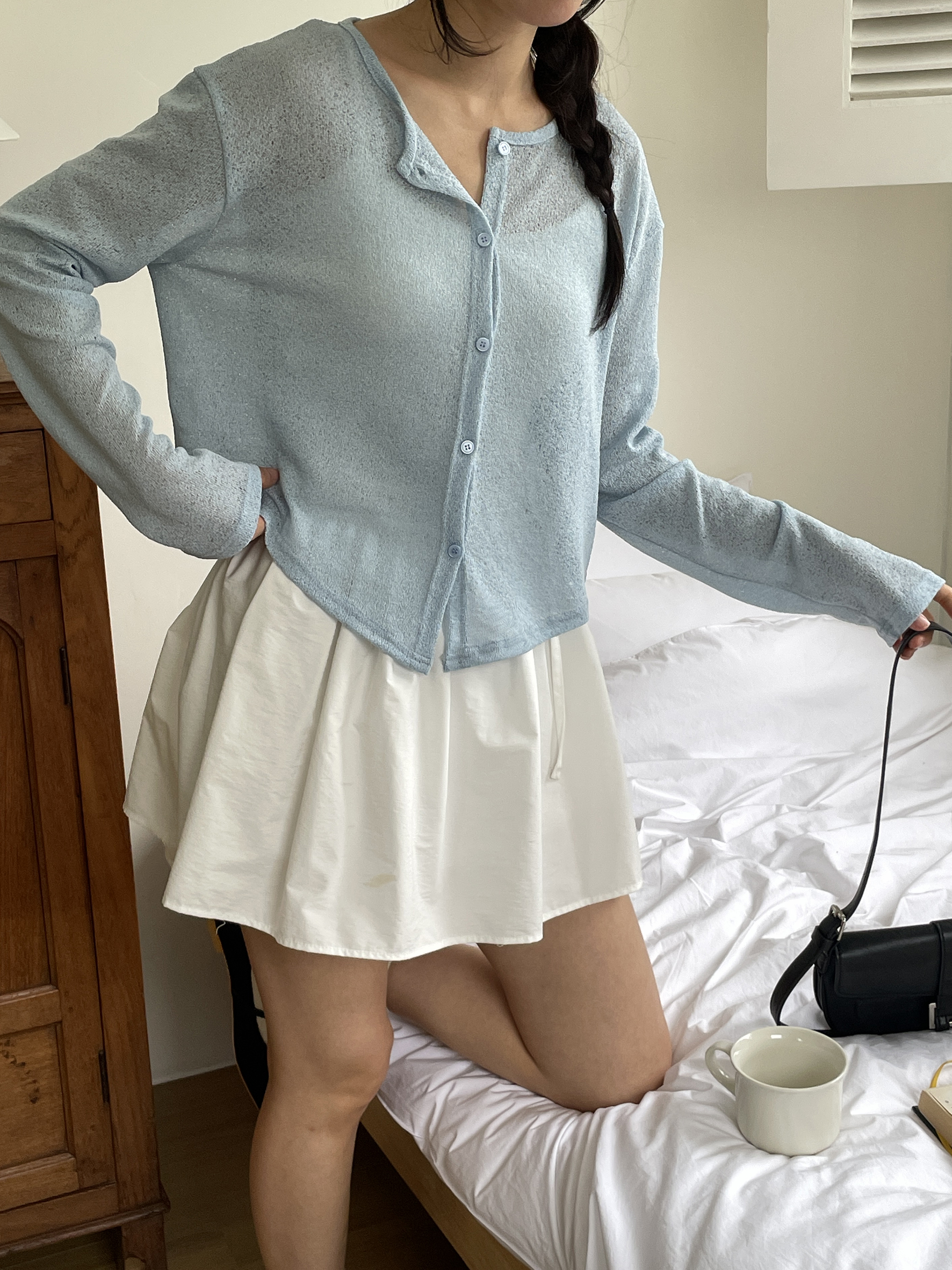 シースルーボタンラウンドネックショートルーズ長袖無地カーディガン | 詳細画像12