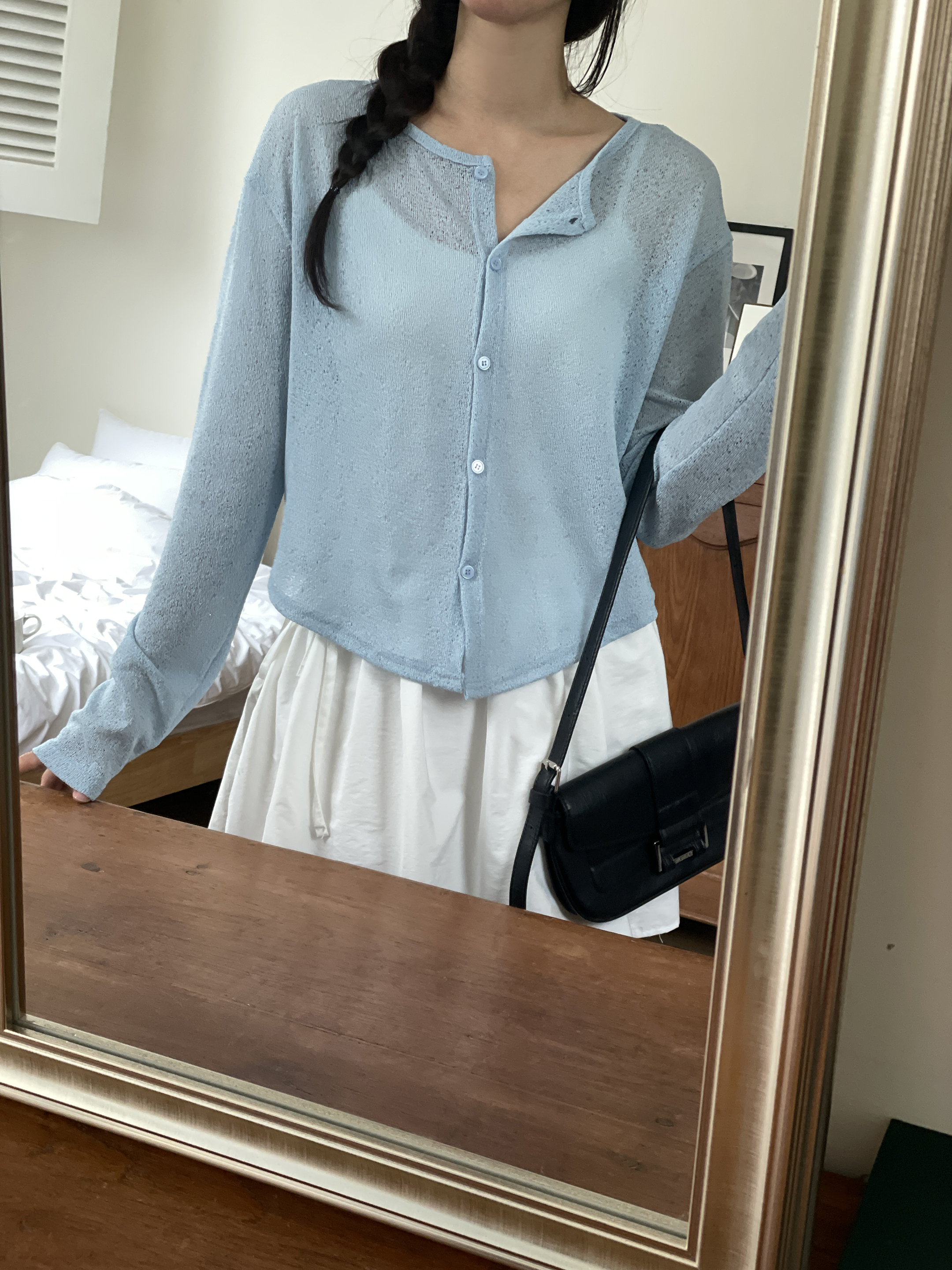 シースルーボタンラウンドネックショートルーズ長袖無地カーディガン | 詳細画像10