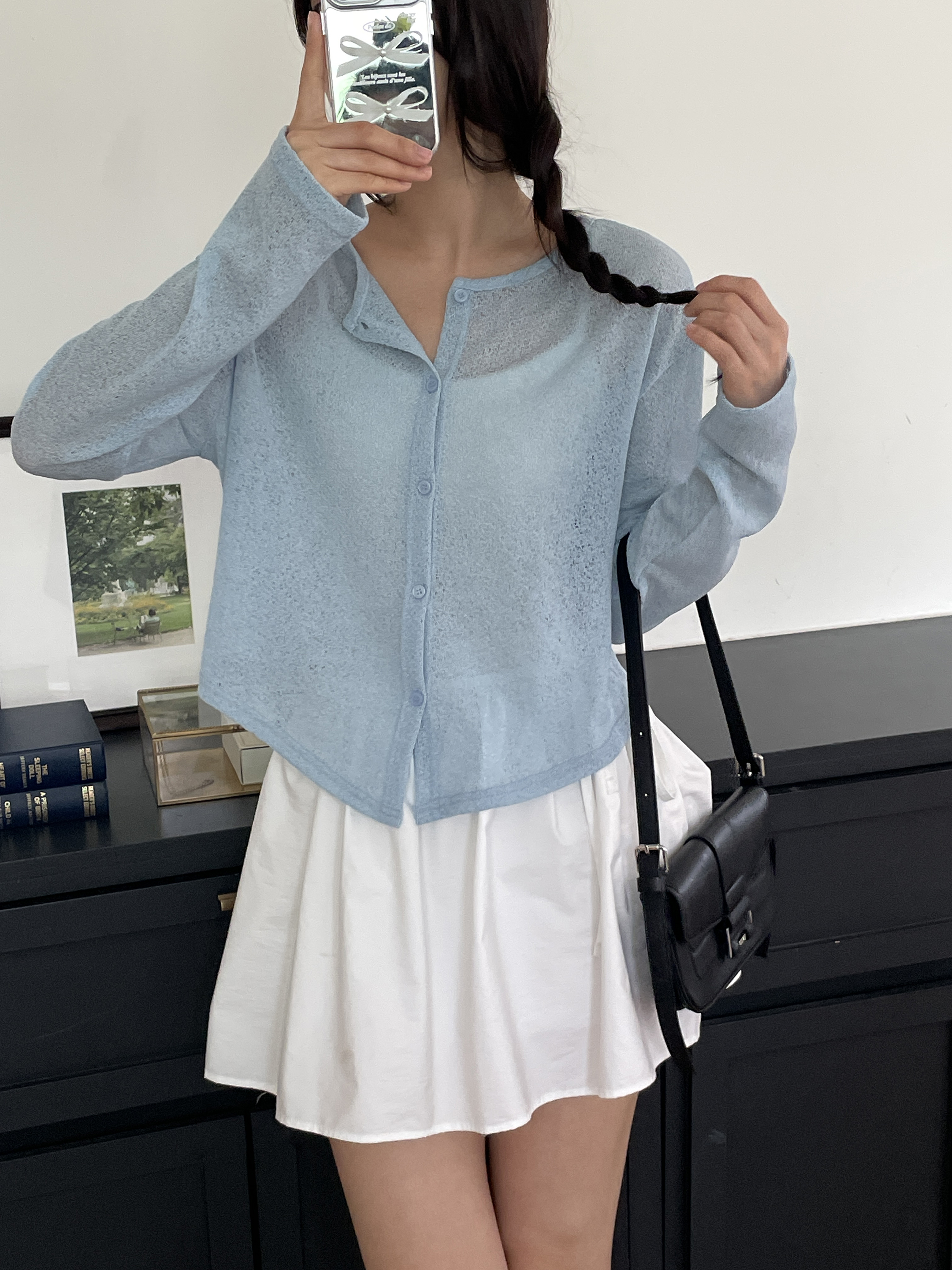 シースルーボタンラウンドネックショートルーズ長袖無地カーディガン | 詳細画像7