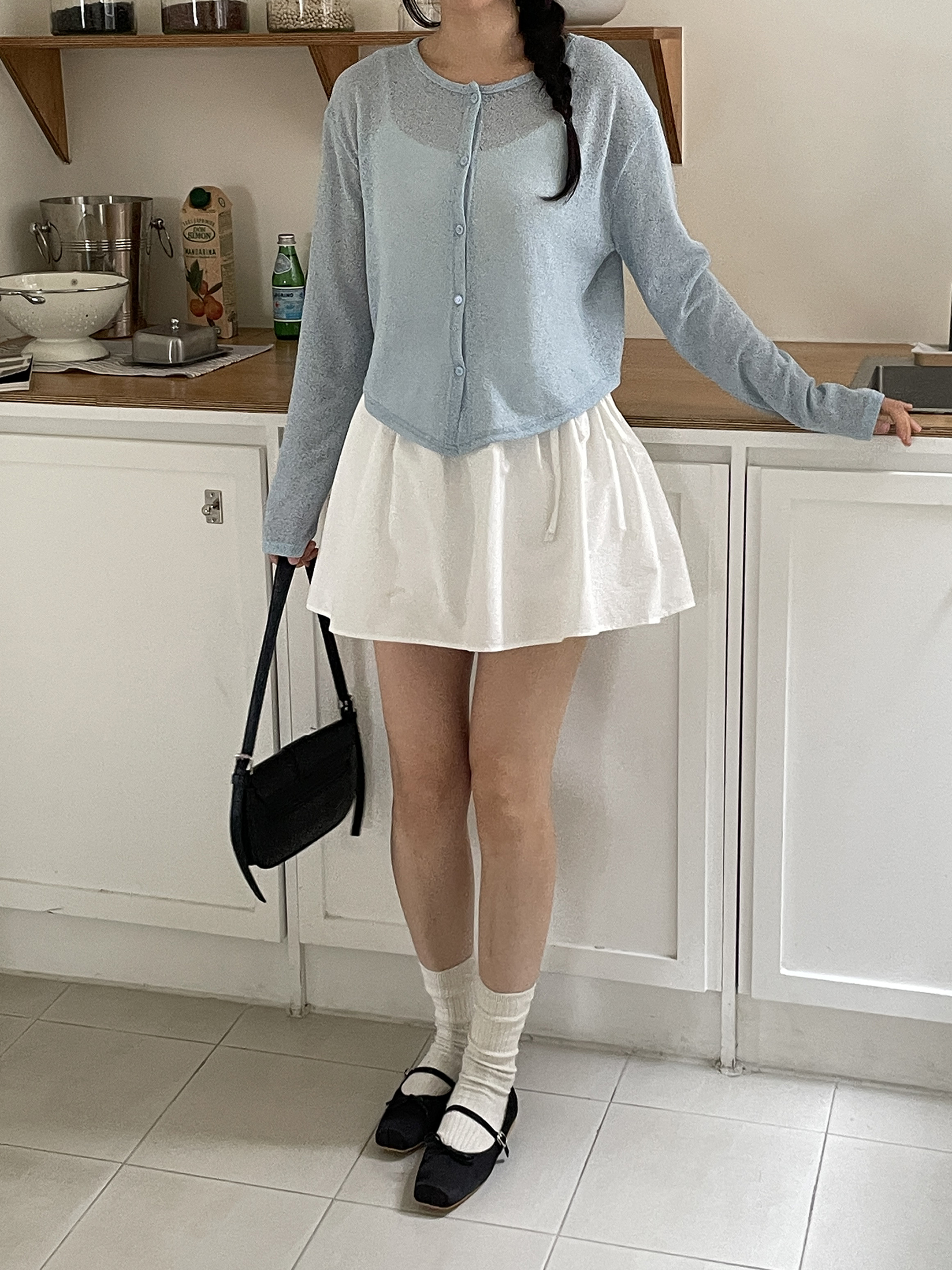 シースルーボタンラウンドネックショートルーズ長袖無地カーディガン | 詳細画像8