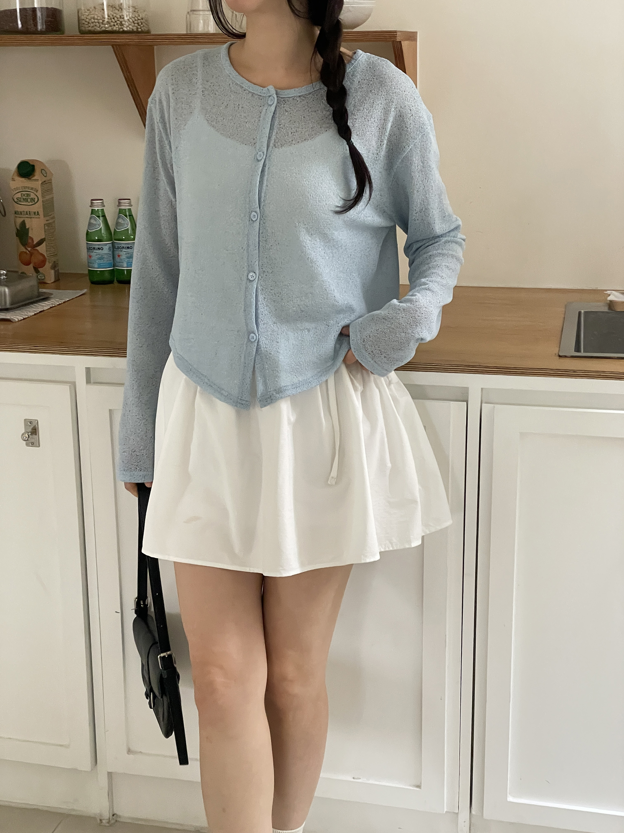 シースルーボタンラウンドネックショートルーズ長袖無地カーディガン | 詳細画像16