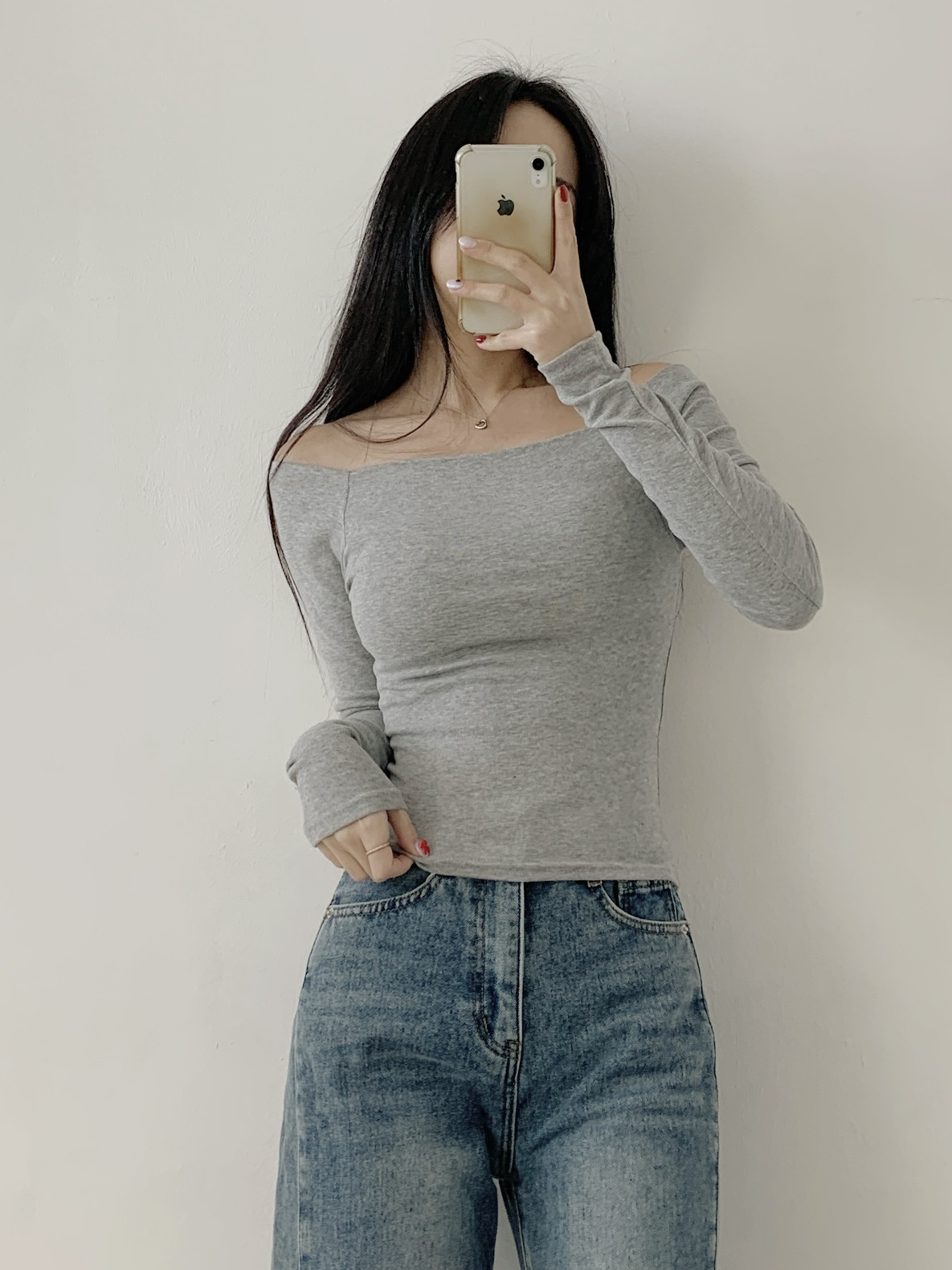 オフショルダースリムショート長袖無地Tシャツ | 詳細画像7