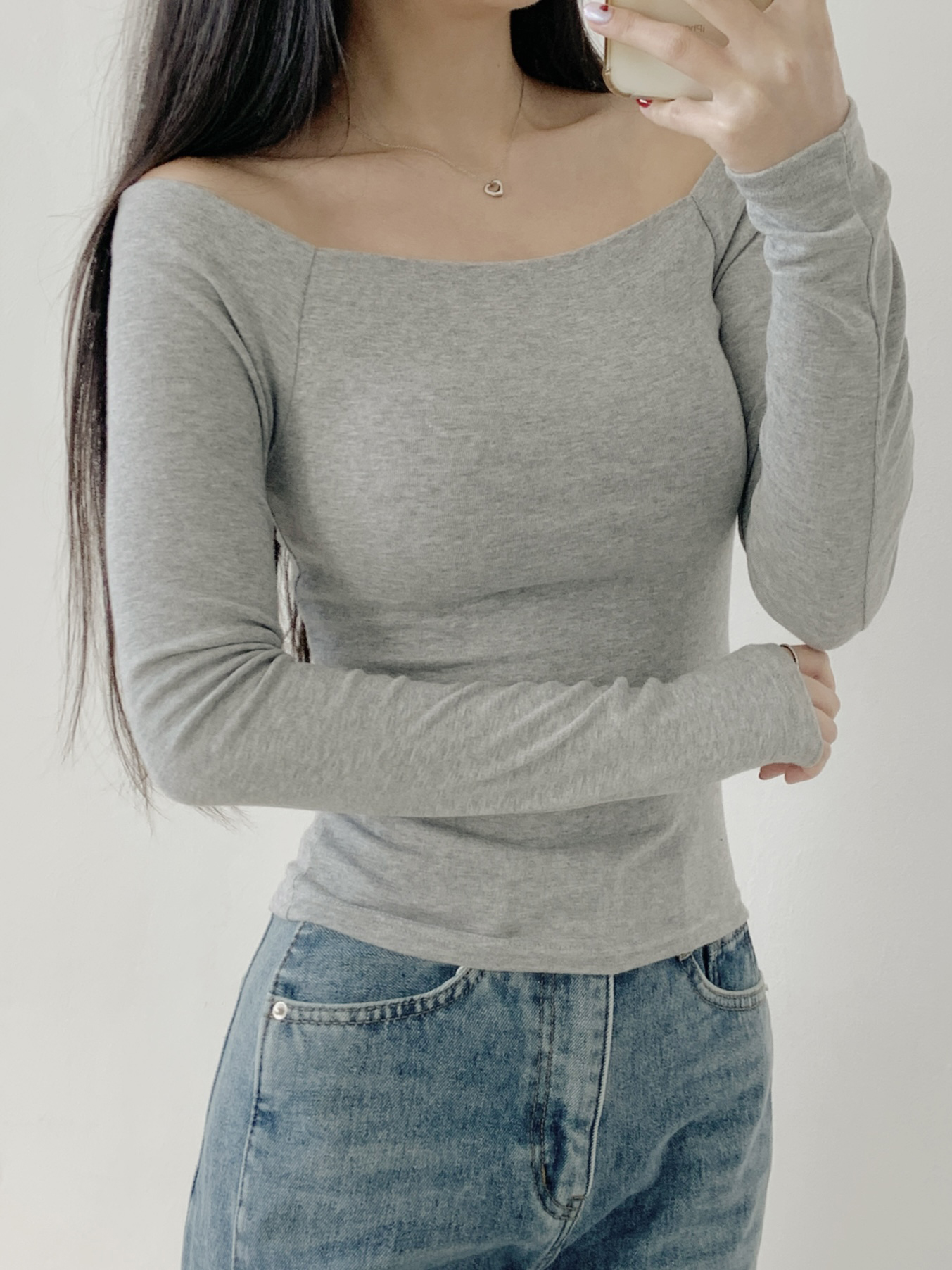 オフショルダースリムショート長袖無地Tシャツ | 詳細画像9