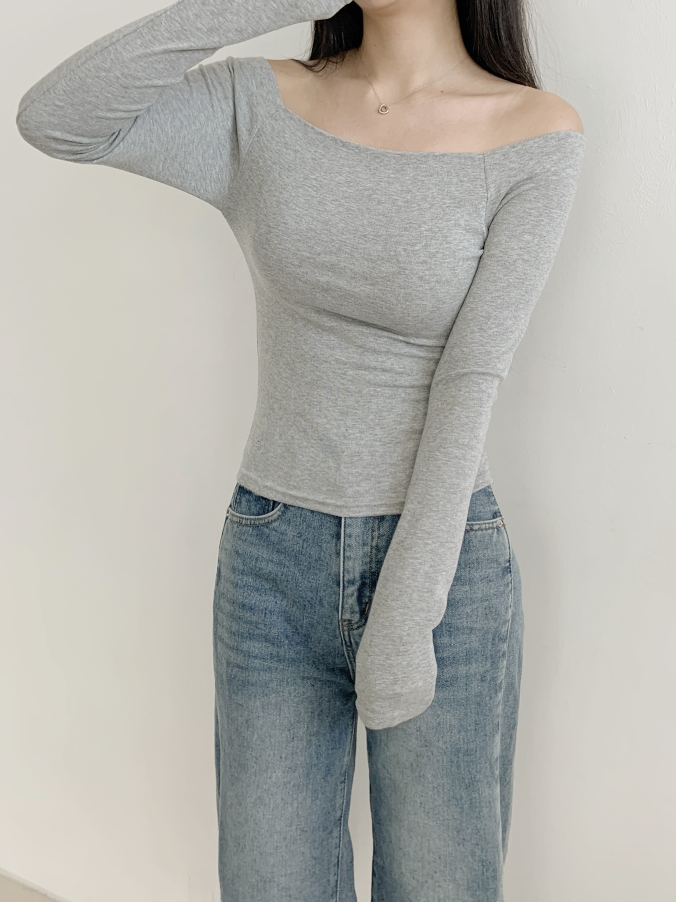 オフショルダースリムショート長袖無地Tシャツ | 詳細画像6